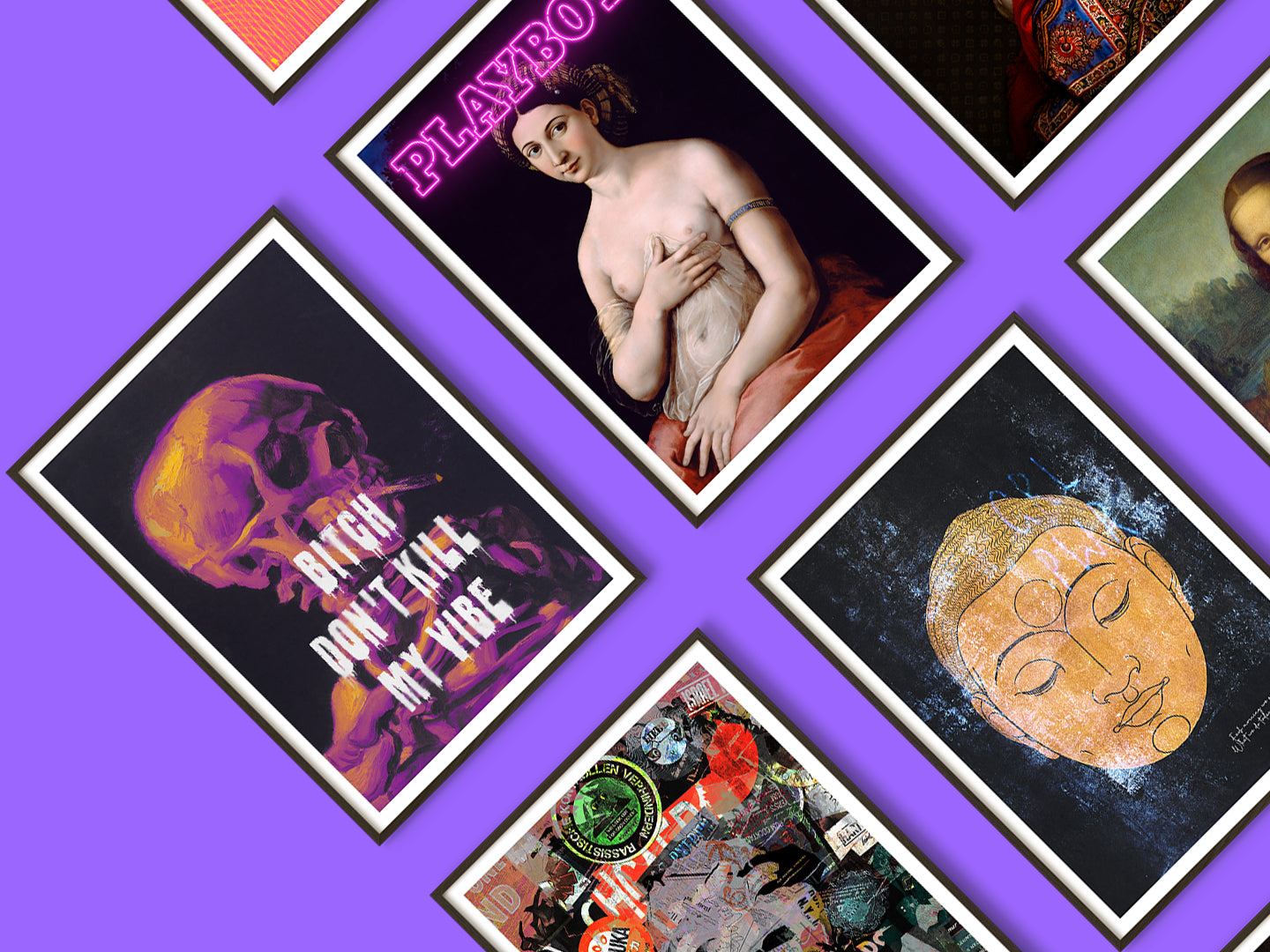 Banner for BINSPIRED's Art Prints & Posters Collection. Features seven bold, reimagined designs in sleek black frames with white passe-partouts, set against a vivid lavender purple backdrop. Perfect for adding artistic flair to any space.