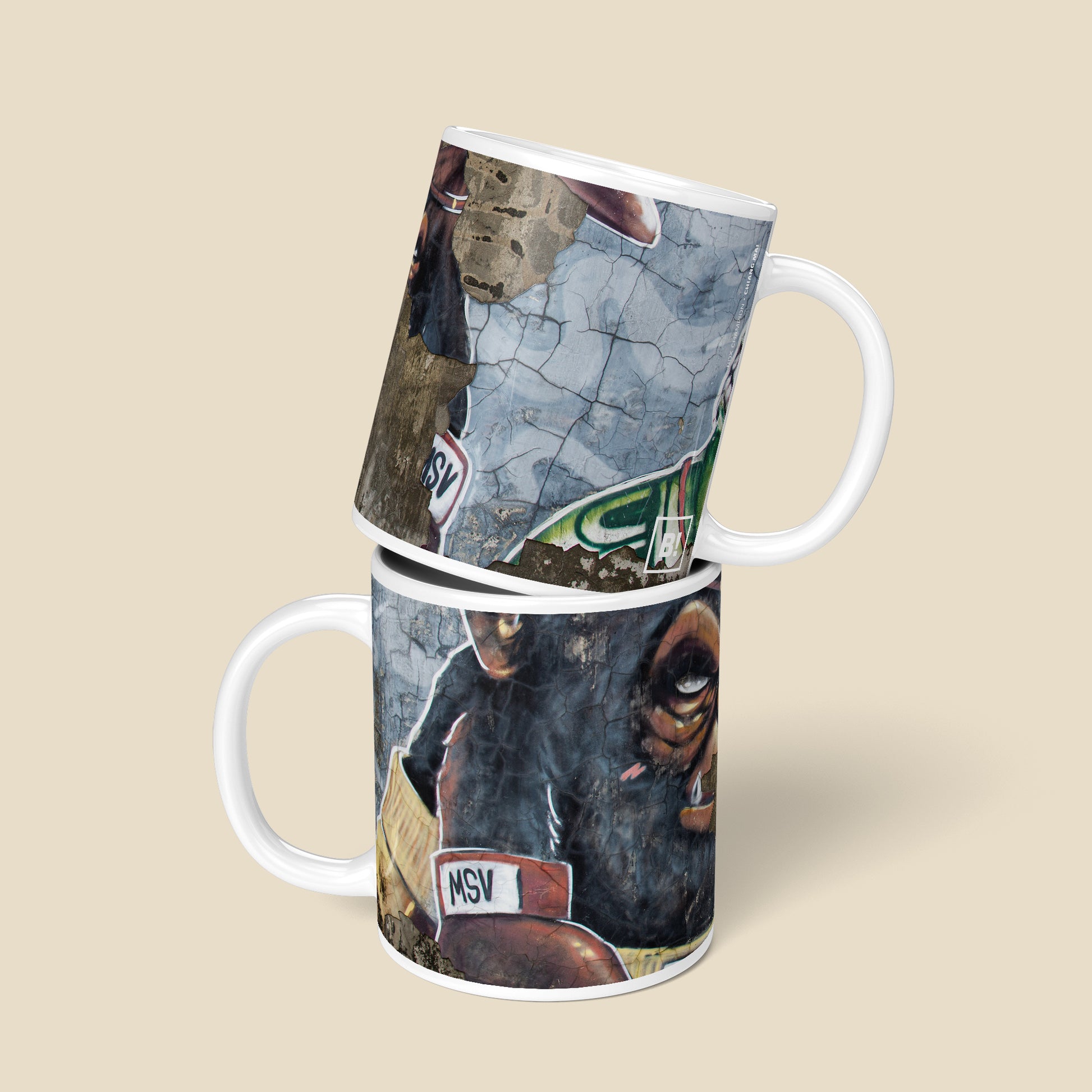 Be inspired by our Urban Art Coffee Mug "Box Champion" from Chiang Mai. This mug features an 11oz size with a front and back view.