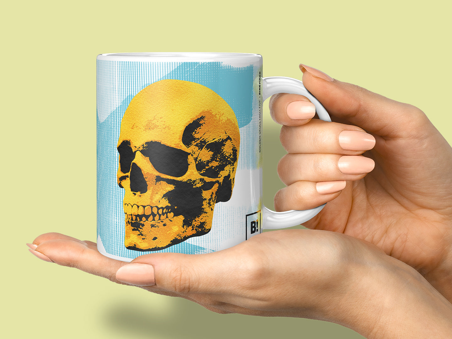 Banner featuring BINSPIRED's vibrant Pop Art Mugs Collection: A stylish ceramic mug with bold, colorful pop art designs held elegantly in a hand against a light chartreuse background, radiating creativity and charm.