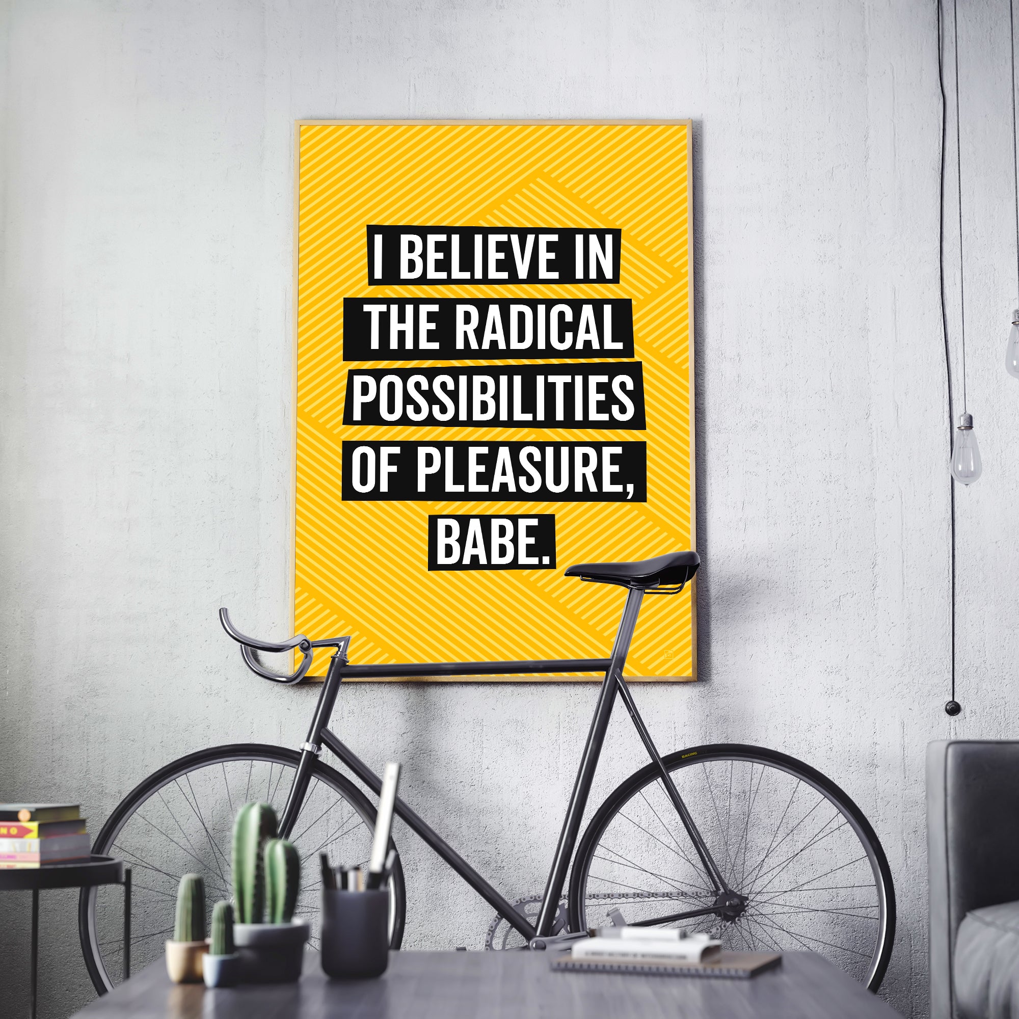 Be inspired by our golden yellow Bikini Kill "I Believe in the Radical Possibilities of Pleasure Babe" lyrics art print! This artwork has been printed using the giclée process on archival acid-free paper and is showcased in a modern living room, capturing its timeless beauty in every detail.