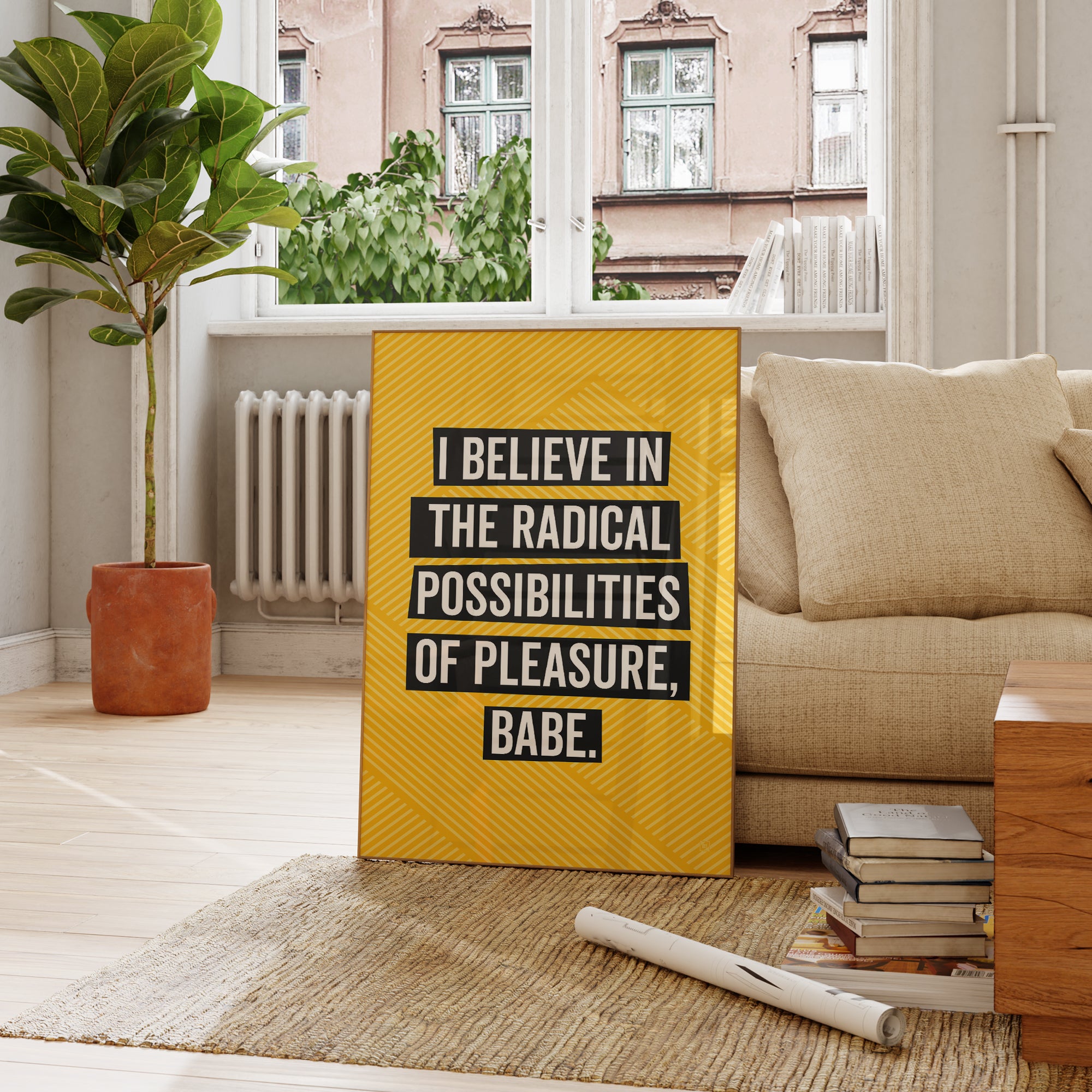 Be inspired by our golden yellow Bikini Kill "I Believe in the Radical Possibilities of Pleasure Babe" lyrics art print! This artwork was printed using the giclée process on archival acid-free paper and is showcased in a French living room, capturing its timeless beauty in every detail.