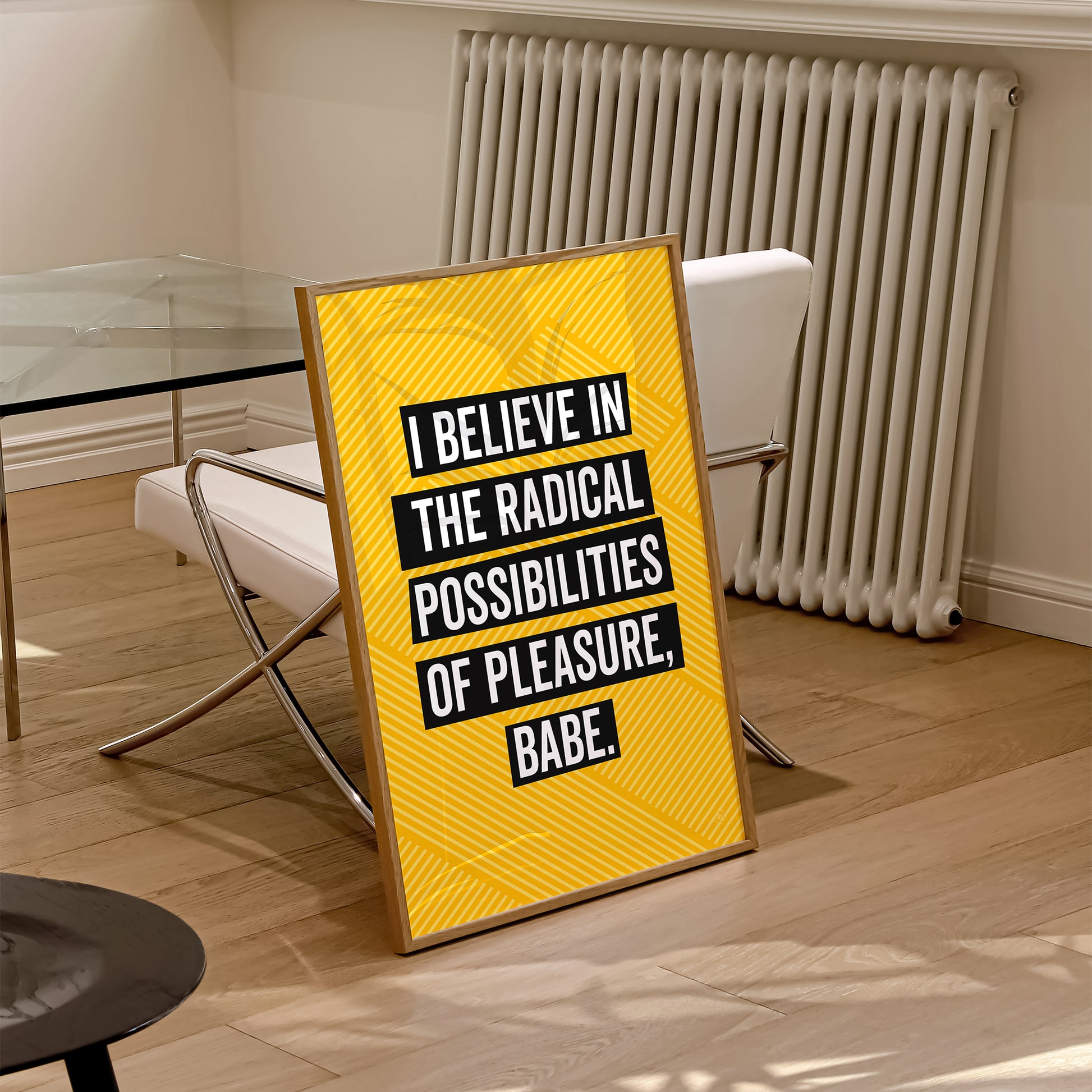 Be inspired by our golden yellow Bikini Kill "I Believe in the Radical Possibilities of Pleasure Babe" lyrics art print! This artwork was printed using the giclée process on archival acid-free paper and is elegantly showcased in a natural oak frame, highlighting its timeless beauty in every detail.
