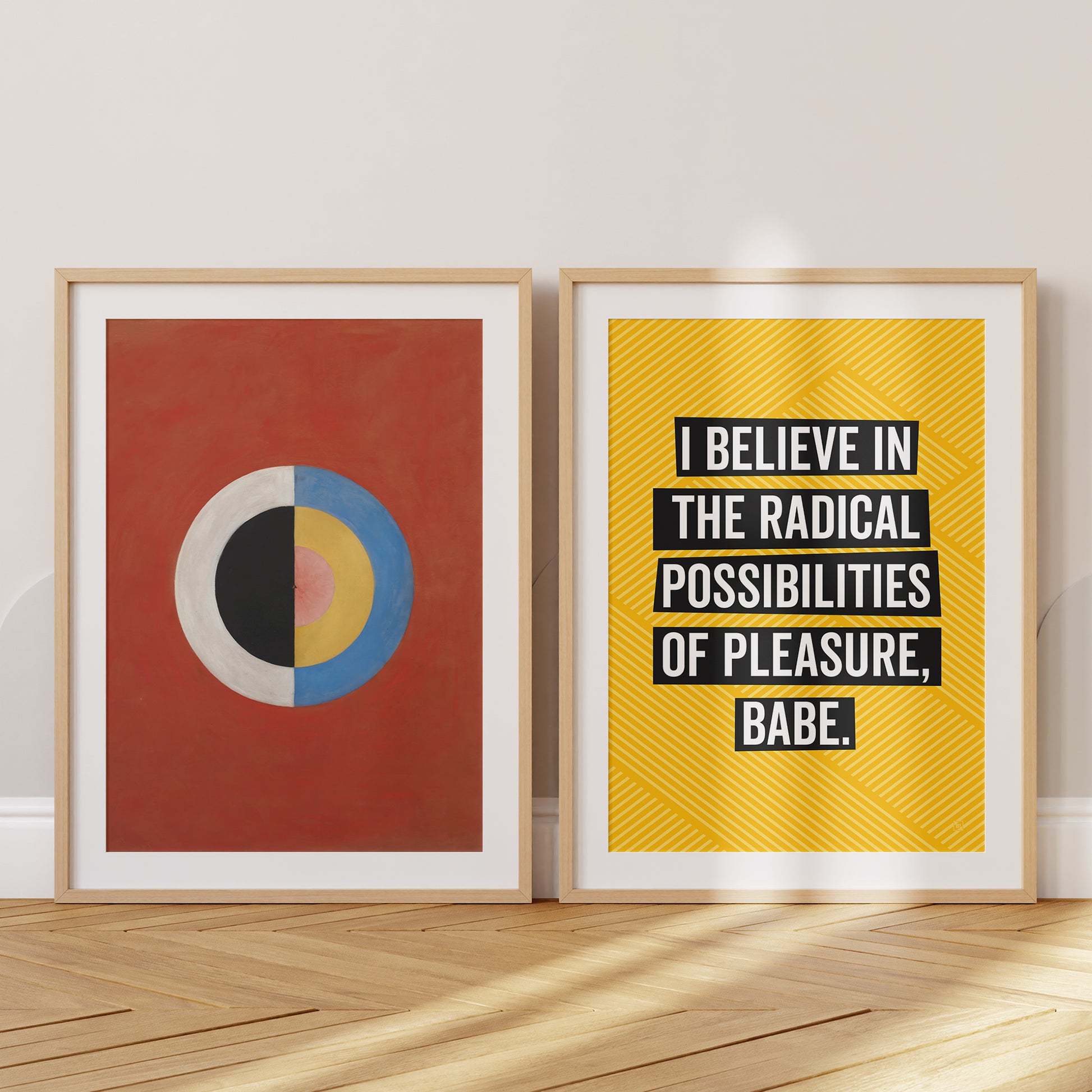 Be inspired by our golden yellow Bikini Kill "I Believe in the Radical Possibilities of Pleasure Babe" lyrics art print! This artwork has been printed using the giclée process on archival acid-free paper and is presented in a set of two oak frames with passe-partout that perfectly captures its timeless beauty in every detail.