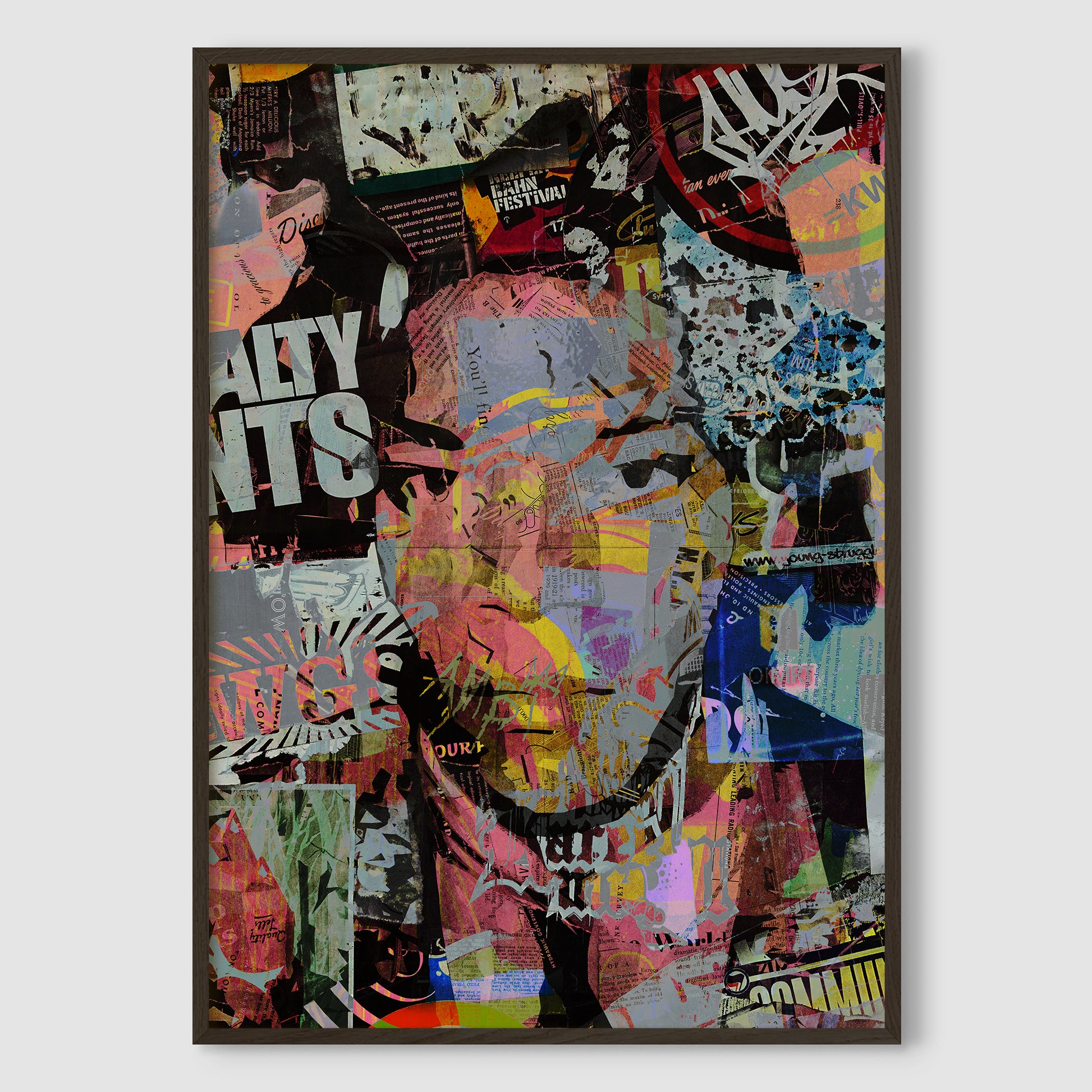 Iconic Jean-Michel Basquiat Street Art Portrait Art Print in a sleek black premium wood frame, adding bold contrast and sophistication to the vibrant artwork.