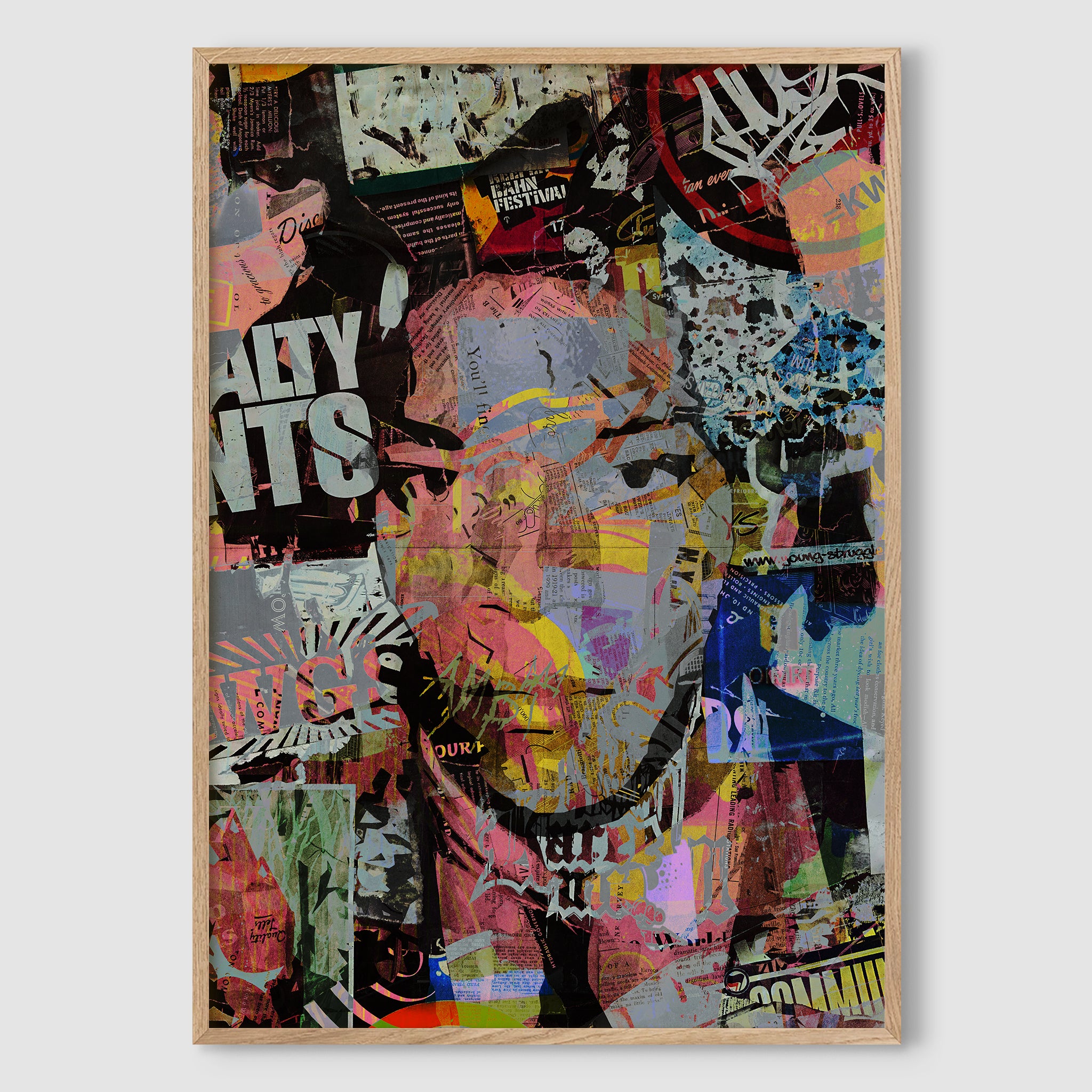 Iconic Jean-Michel Basquiat Street Art Portrait Art Print in a natural premium wood frame, offering a warm and organic touch that complements the dynamic design.