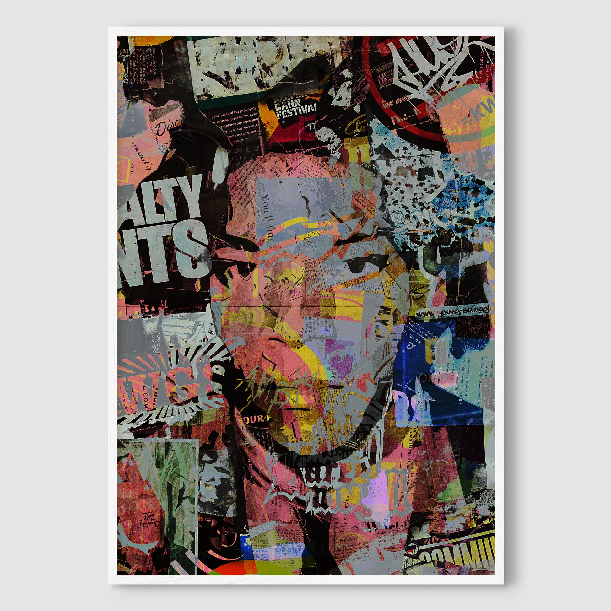 Iconic Jean-Michel Basquiat Street Art Portrait Art Print in a crisp white premium wood frame, enhancing the vivid colors and contemporary style of the artwork.