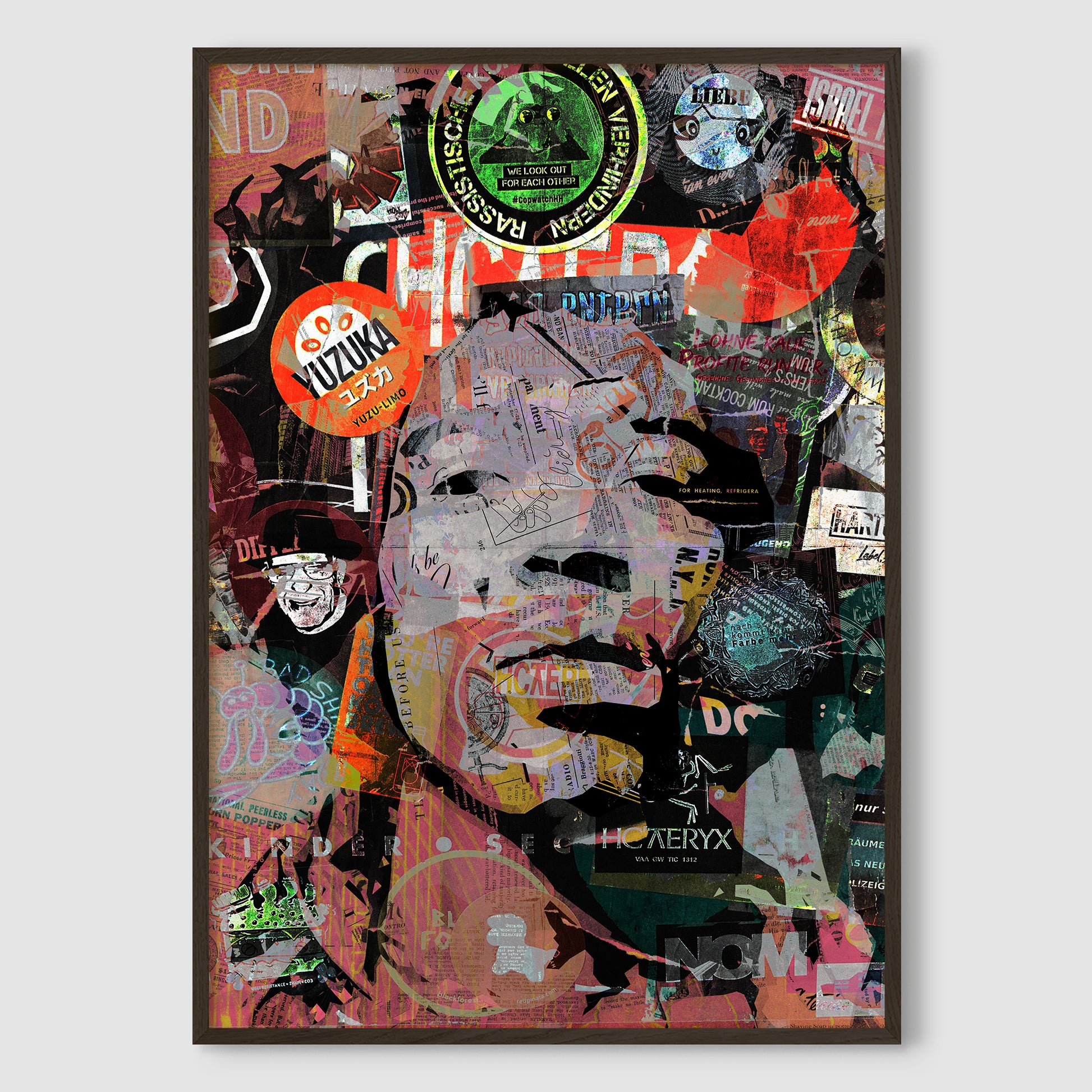 Jimi Hendrix street art portrait in a sleek black premium wood frame, adding a bold and modern touch to the vibrant urban art style.