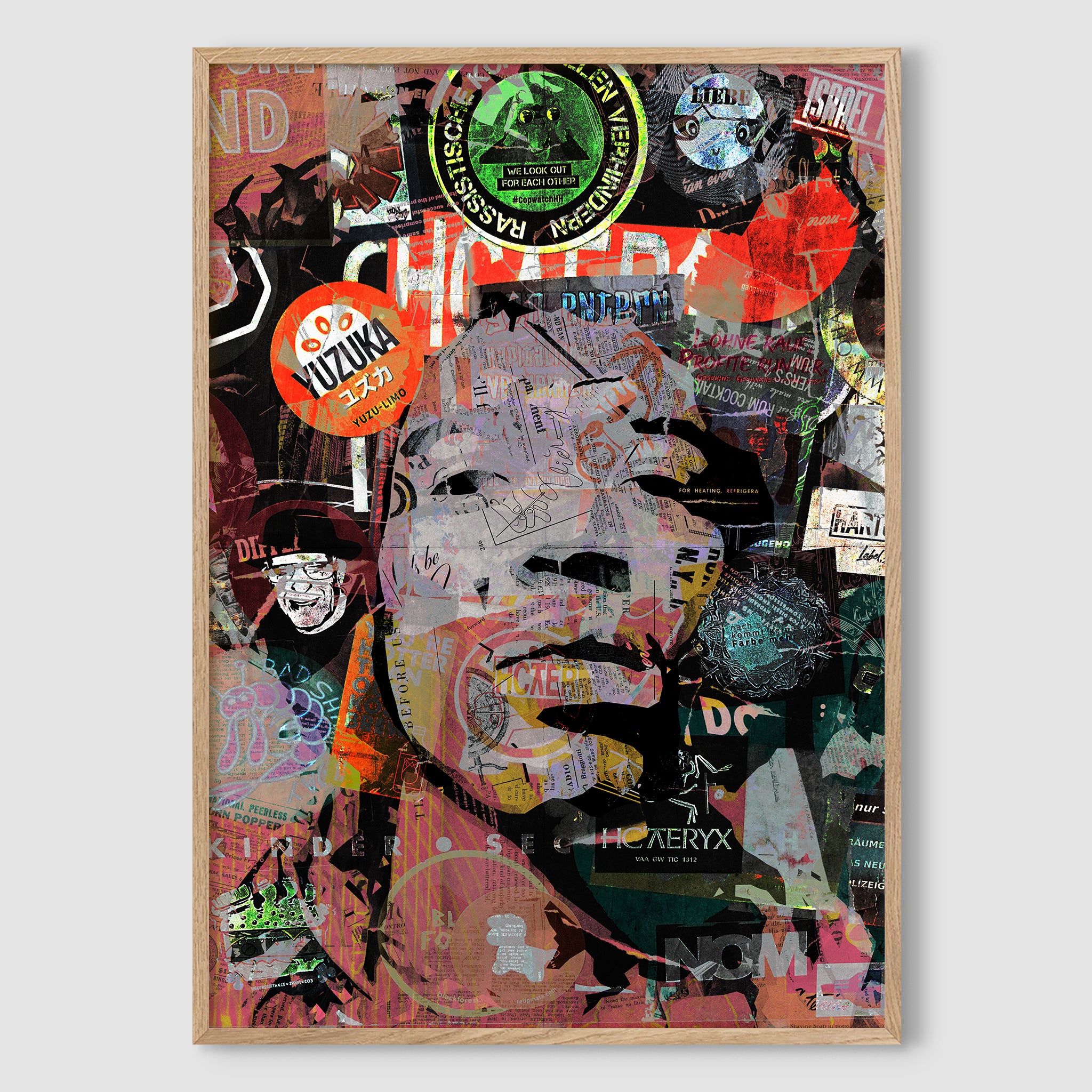 Jimi Hendrix street art portrait in a natural premium wood frame, blending warmth and elegance with the dynamic urban art style.