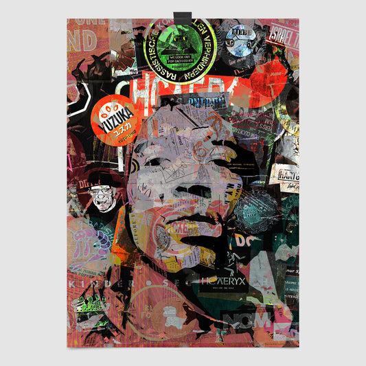 Jimi Hendrix street art portrait featuring vibrant colors and a dynamic urban art style, printed on premium matte paper.