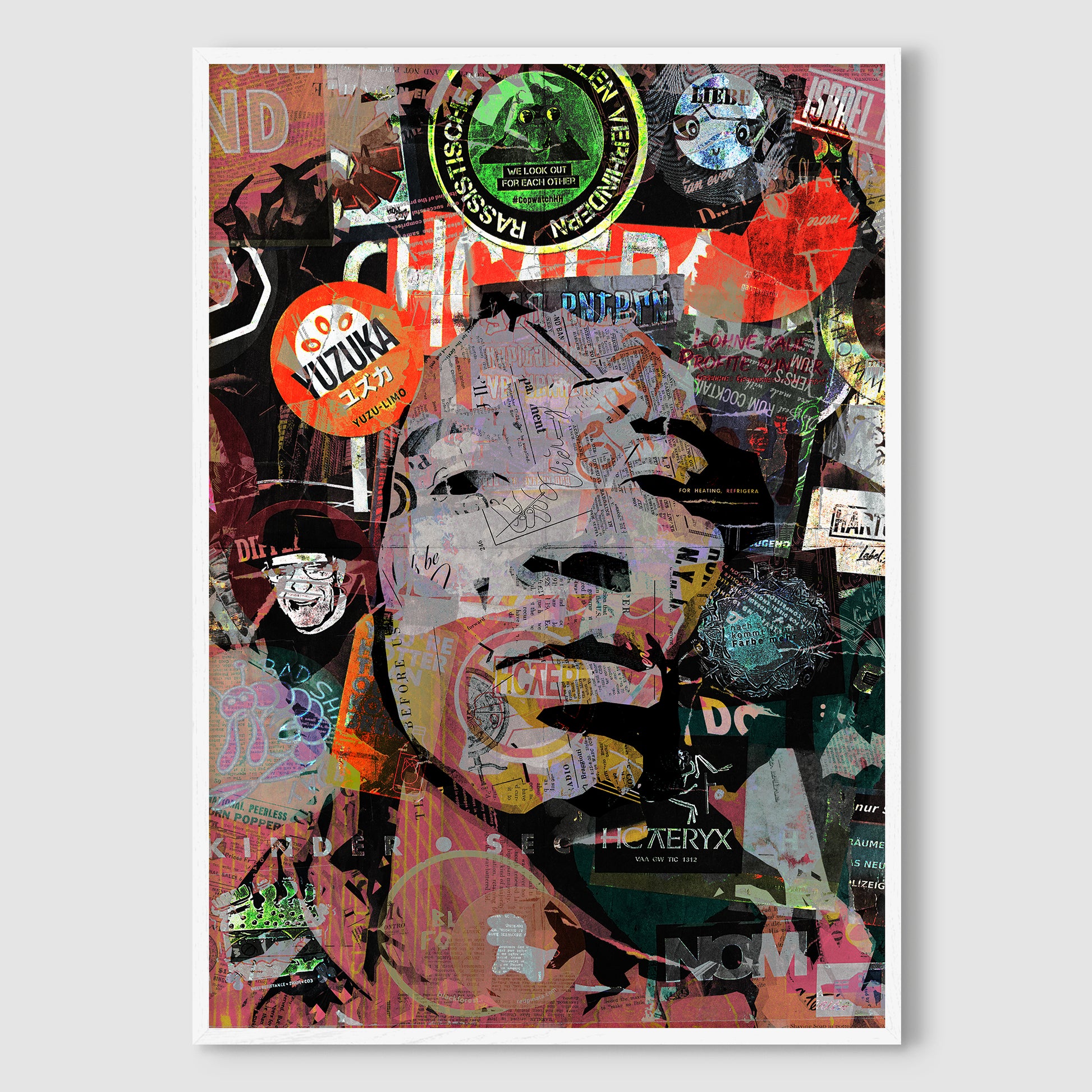 Jimi Hendrix street art portrait in a crisp white premium wood frame, complementing the vibrant colors and street art aesthetic with a clean, minimalist look.