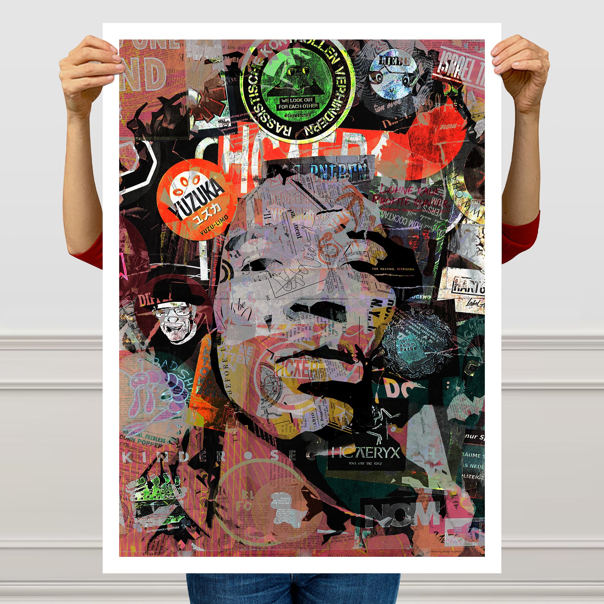 Jimi Hendrix street art portrait held up by a woman, showcasing the vibrant colors, dynamic urban art style, and premium matte paper quality, perfect for music lovers and art enthusiasts.