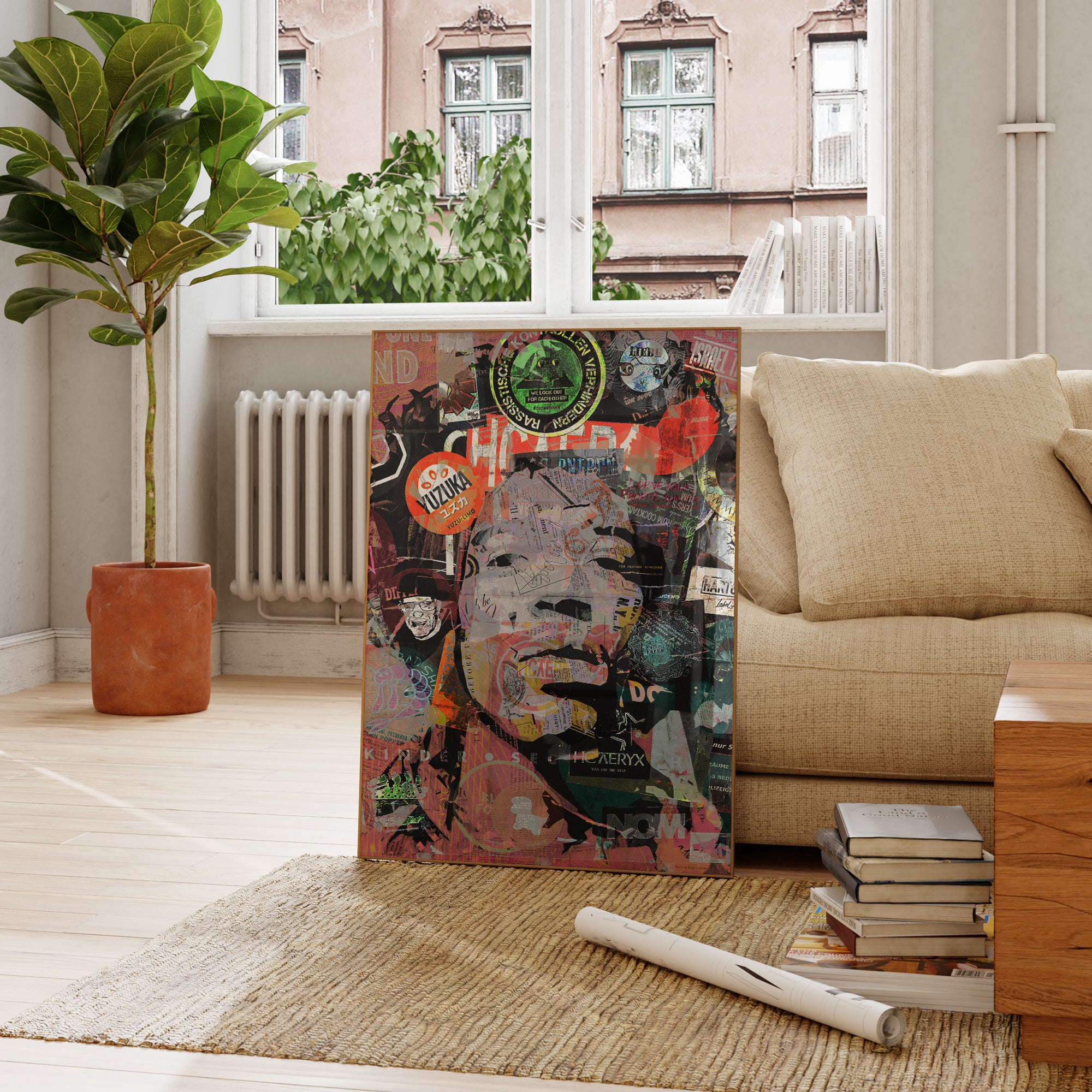 Jimi Hendrix street art portrait displayed in a modern living room, adding a vibrant and soulful touch to the decor.