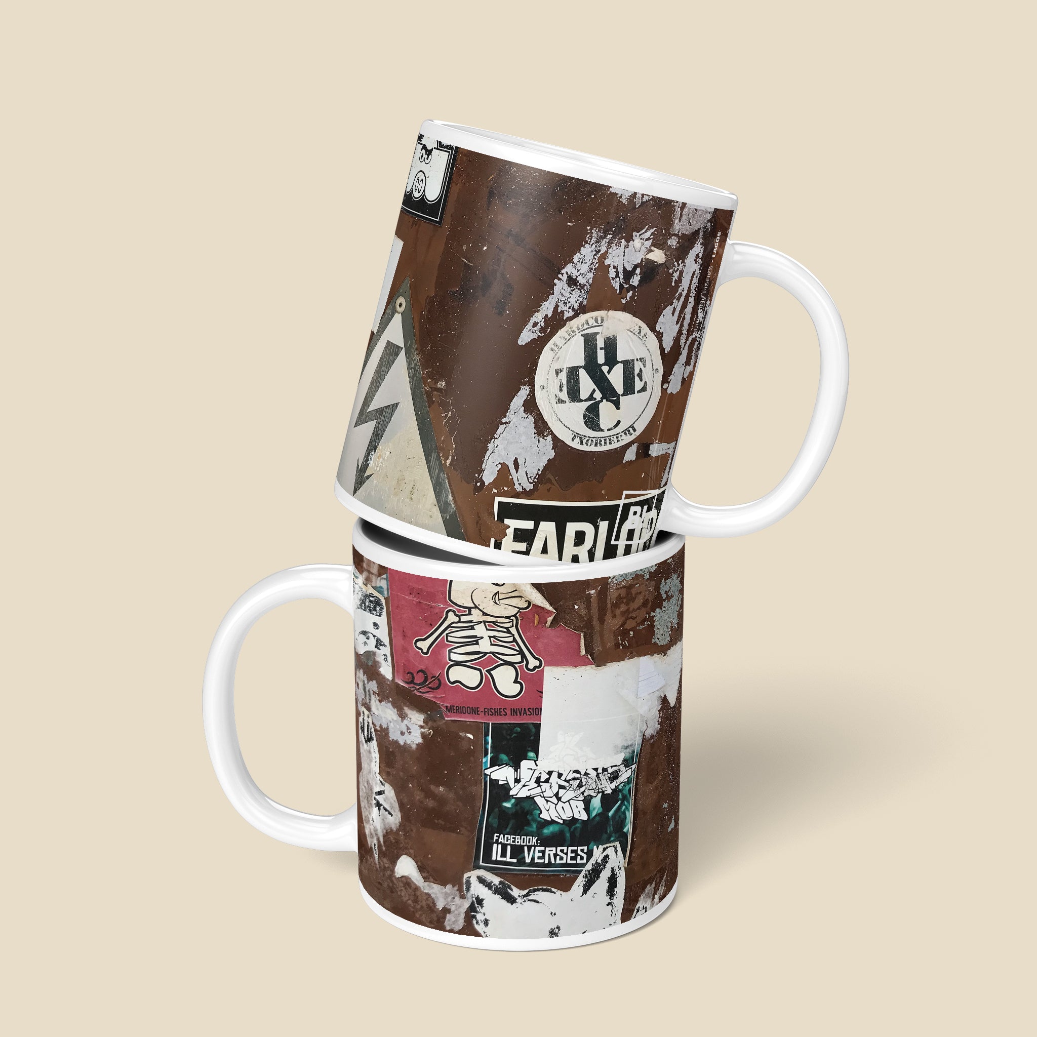 Be inspired by our Urban Art Coffee Mug – Merioone Fishes from Lagos. Featuring a front and back view of the 11oz mug. The design of the mug captures the essence of the street and gives the mug an authentic urban feel, making it resemble a piece of street art itself.