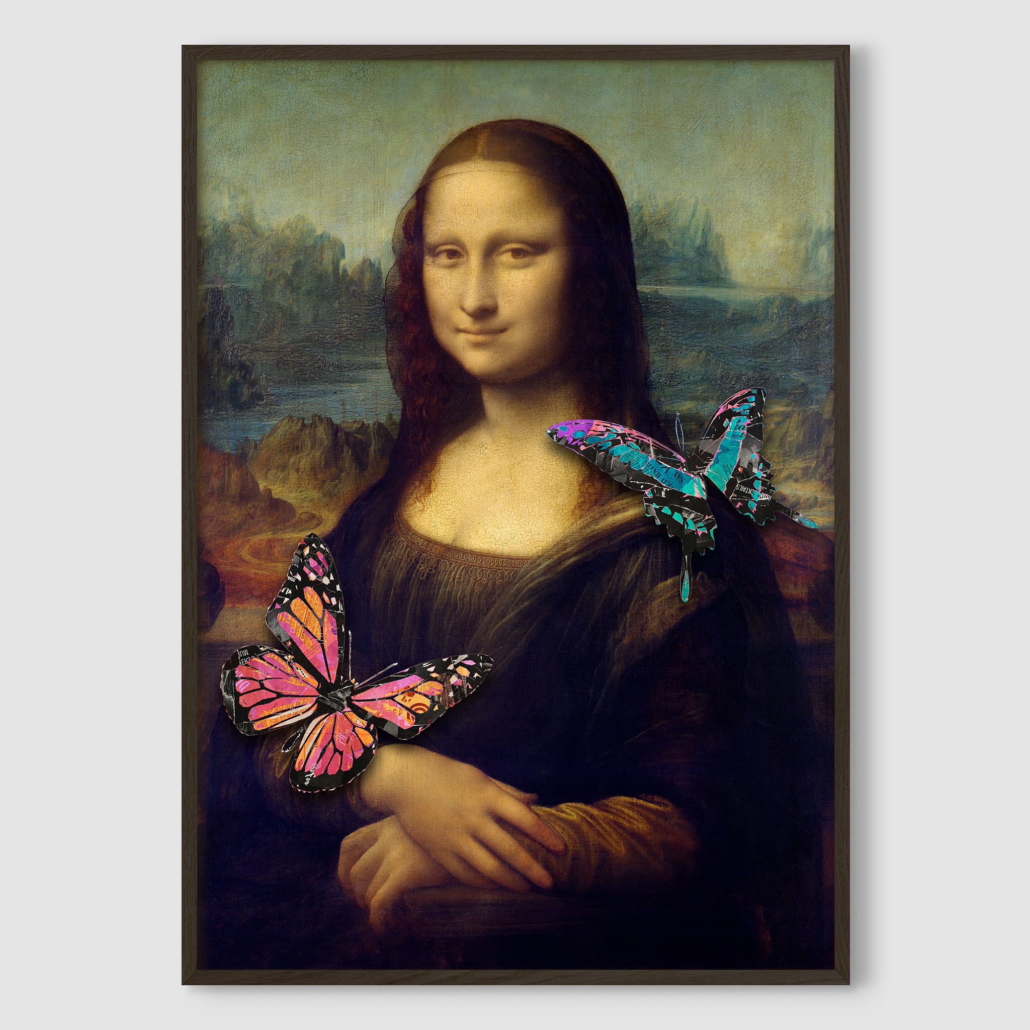 Mona Lisa Kissed by Butterflies art print elegantly framed in a sleek black premium wood frame, adding a touch of sophistication to the artwork.