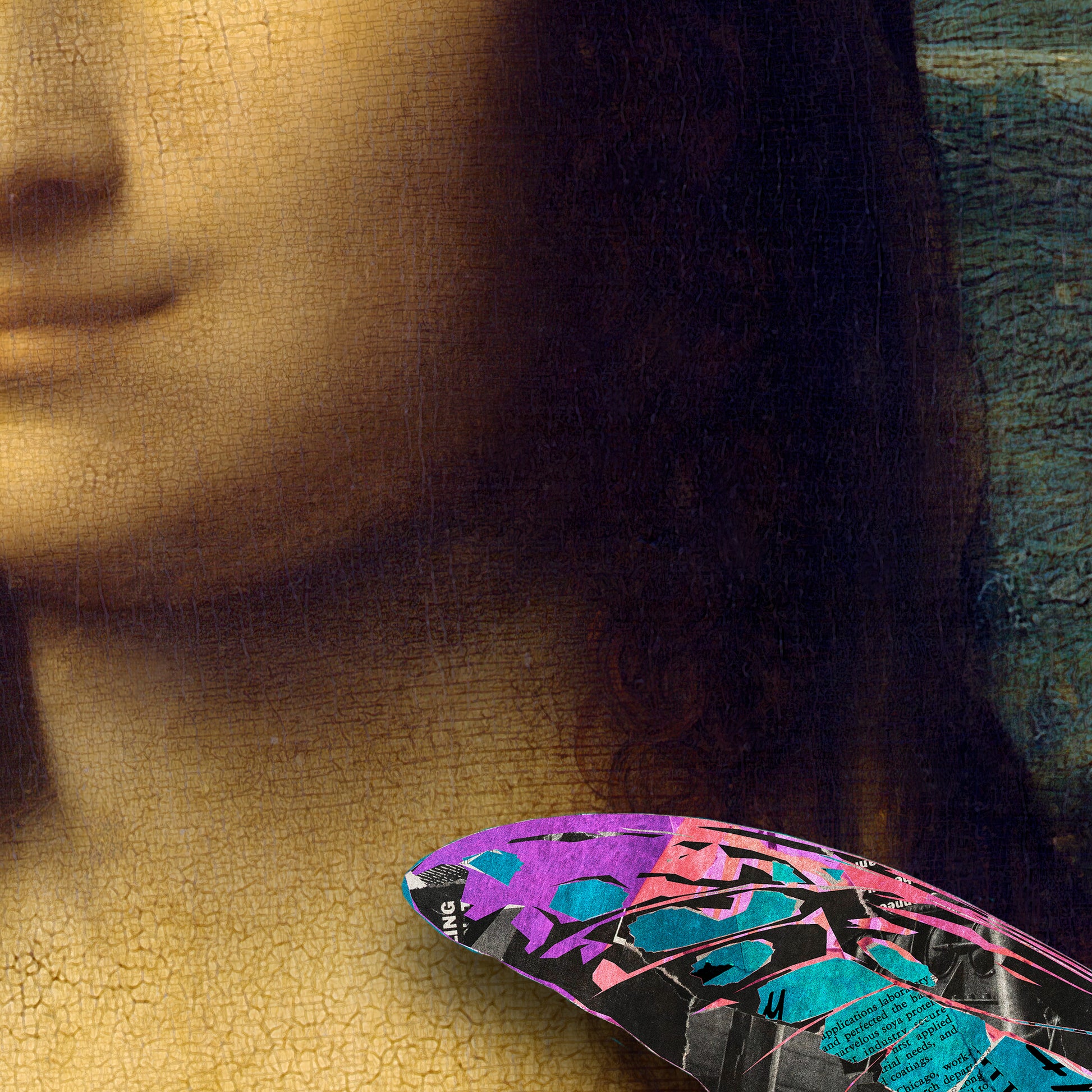 Detailed shot of the Mona Lisa Kissed by Butterflies art print, highlighting the textured collage effect and vivid colors.