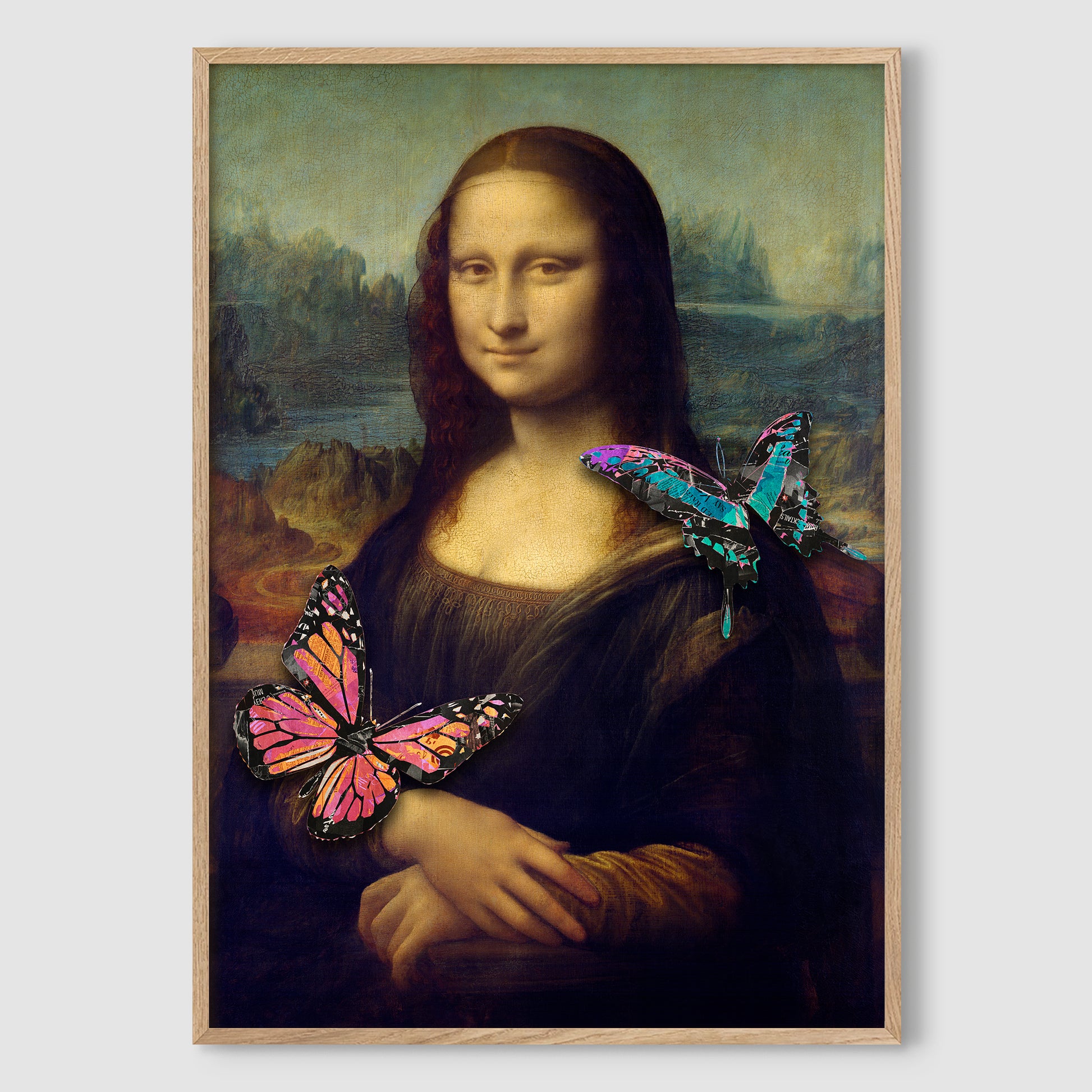 Mona Lisa Kissed by Butterflies art print beautifully framed in a natural wood premium frame, complementing the collage's warm tones and artistic charm.