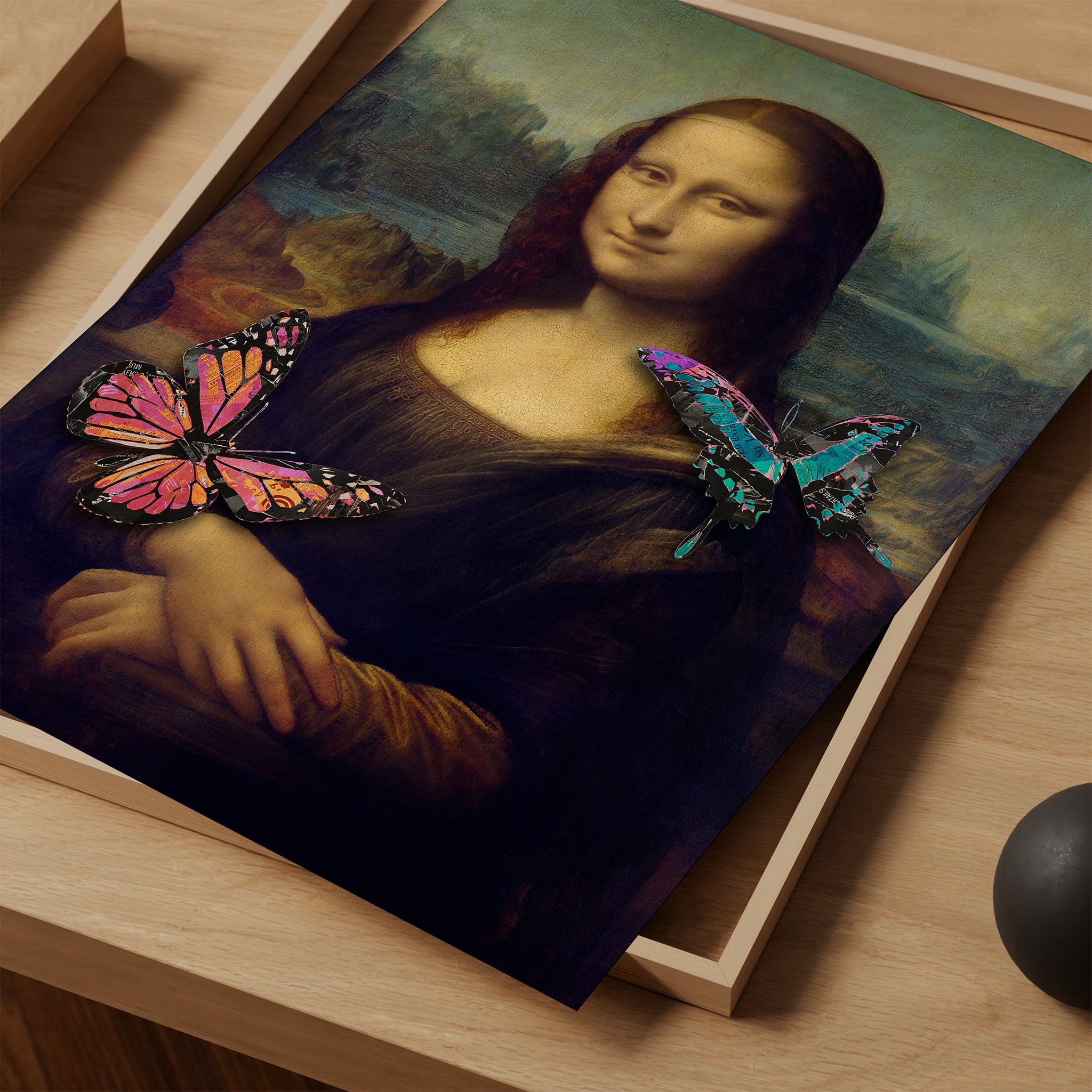 Close-up view of the vibrant butterflies embellishing the Mona Lisa art print, showcasing intricate collage details.