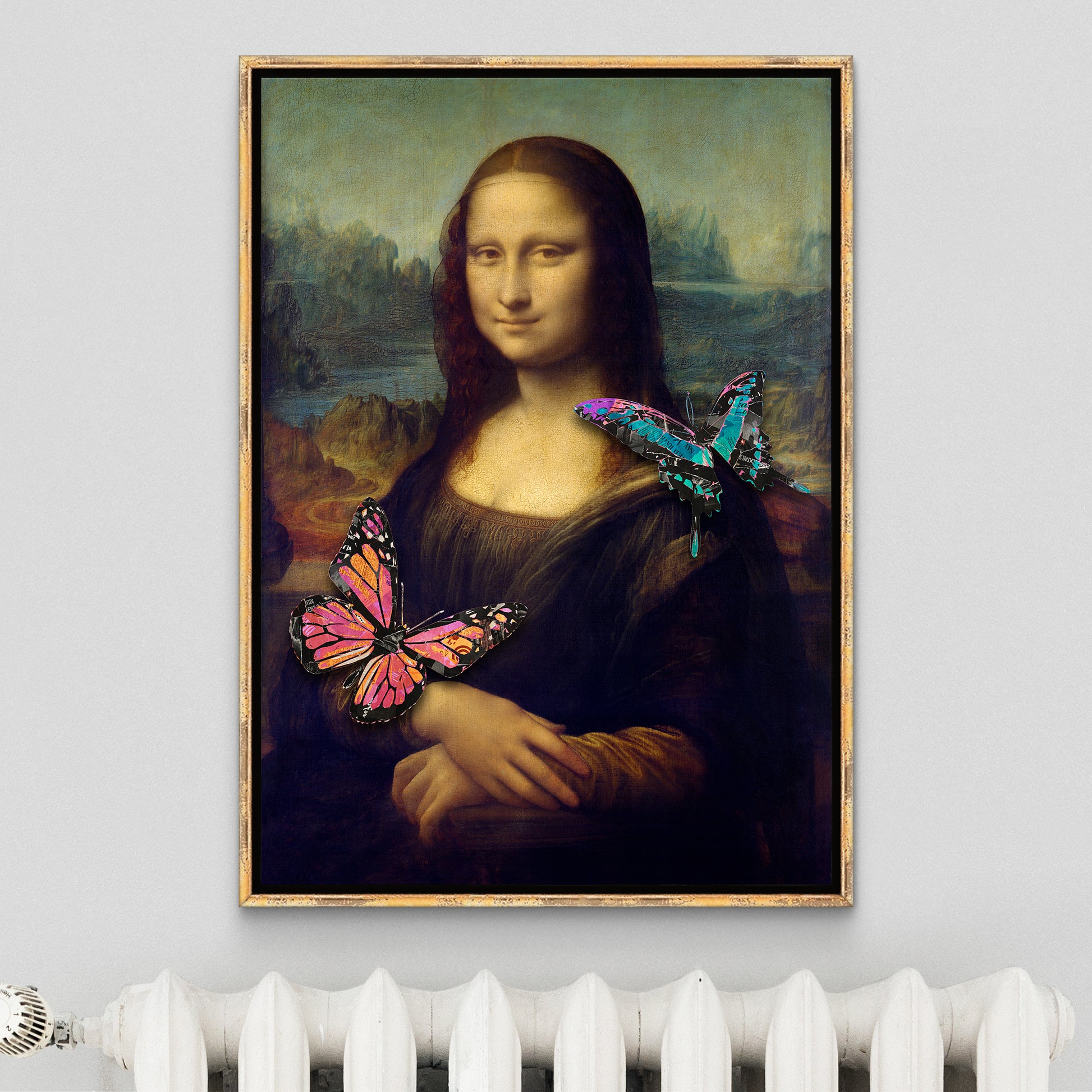 Mona Lisa Kissed by Butterflies art print displayed in a simple, antique gold frame, hanging elegantly above a white radiator, blending classical charm with a cozy interior setting.