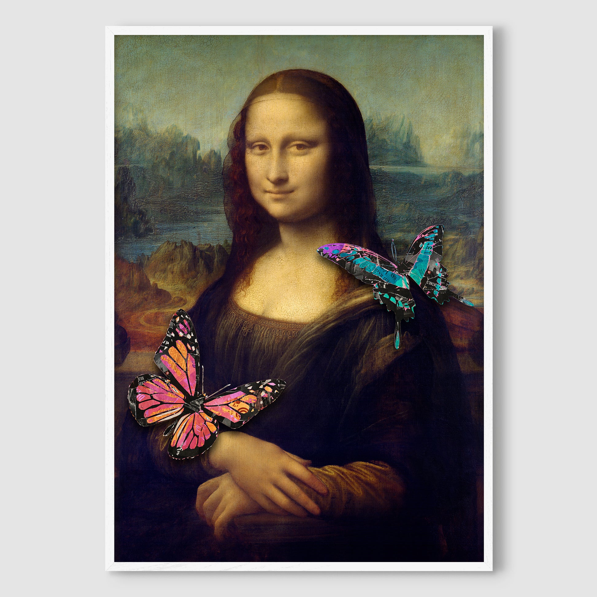 Mona Lisa Kissed by Butterflies art print displayed in a clean white premium wood frame, creating a fresh and modern look for the artwork.

