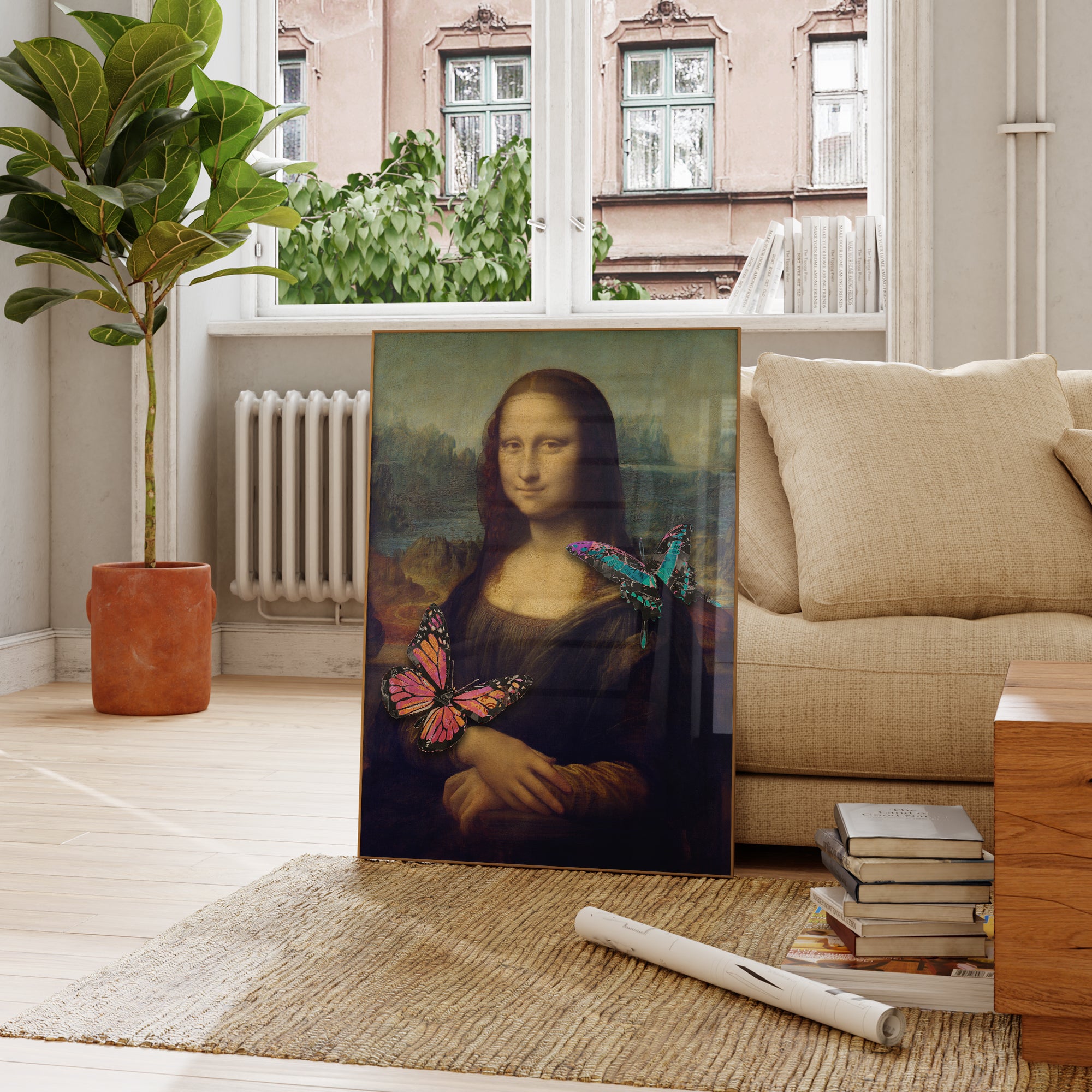 Framed Mona Lisa Kissed by Butterflies art print displayed on a living room wall, blending classical and modern decor.