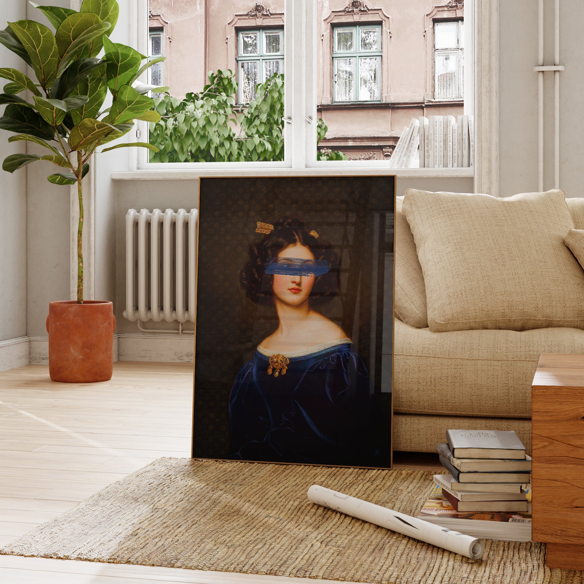 Be inspired by our "Dark and Moody Portrait of Nanette" art print! This artwork was printed using the giclée process on archival acid-free paper and is showcased in a French living room, capturing its timeless beauty in every detail.