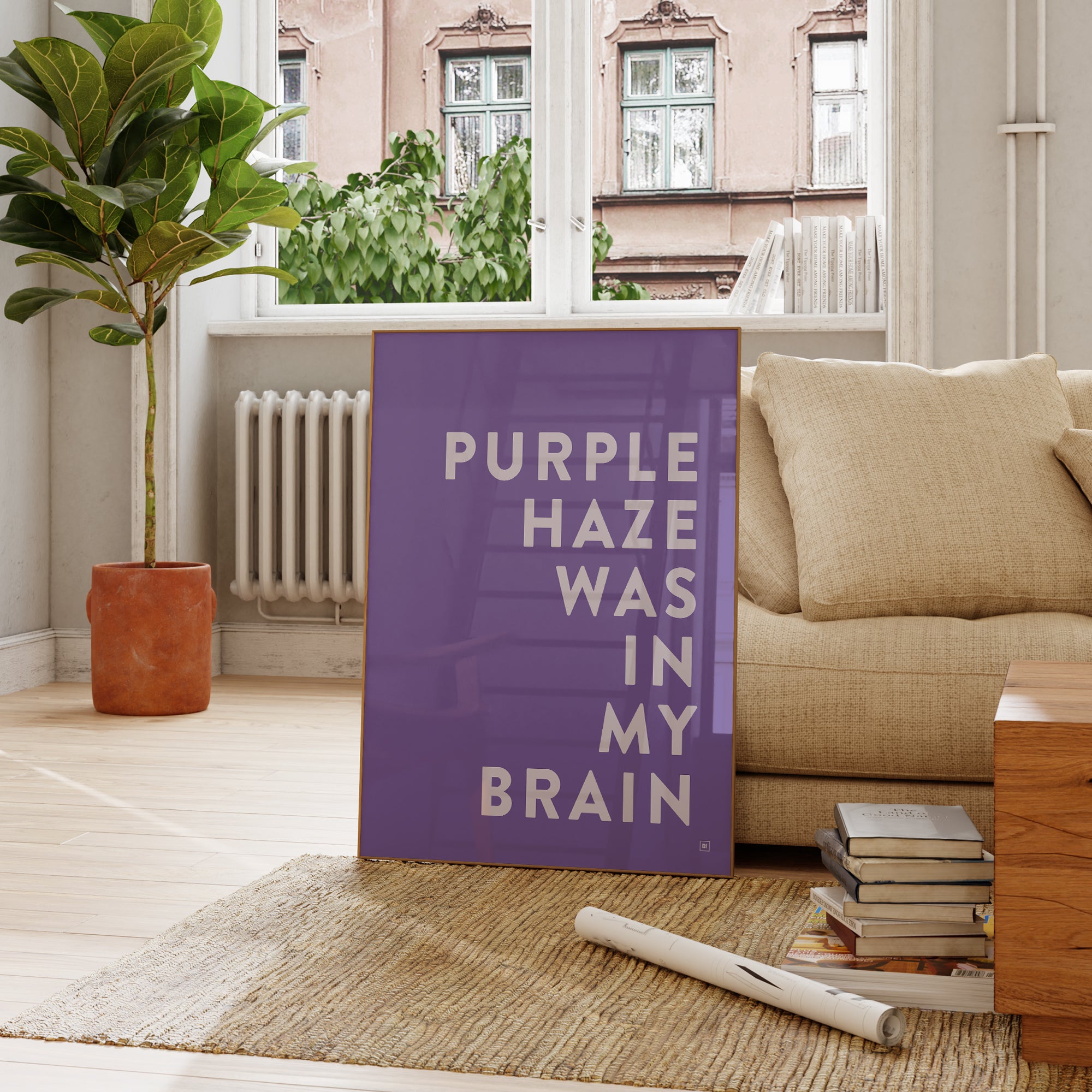 Be inspired by our Jimi Hendrix "Purple Haze Was In My Brain" lyric art print! This artwork was printed using the giclée process on archival acid-free paper and is presented in a French living room, capturing its timeless beauty in every detail.