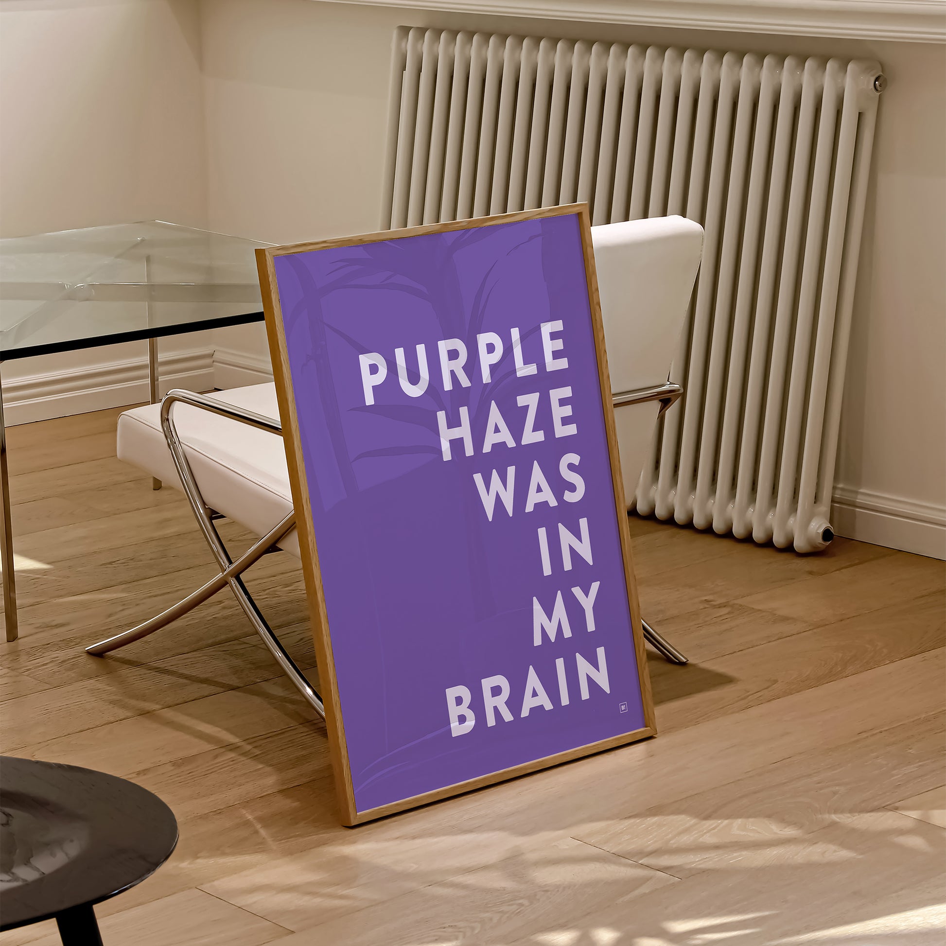Be inspired by our Jimi Hendrix "Purple Haze Was In My Brain" lyric art print! This artwork was printed using the giclée process on archival acid-free paper and is presented in a natural oak frame, capturing its timeless beauty in every detail.