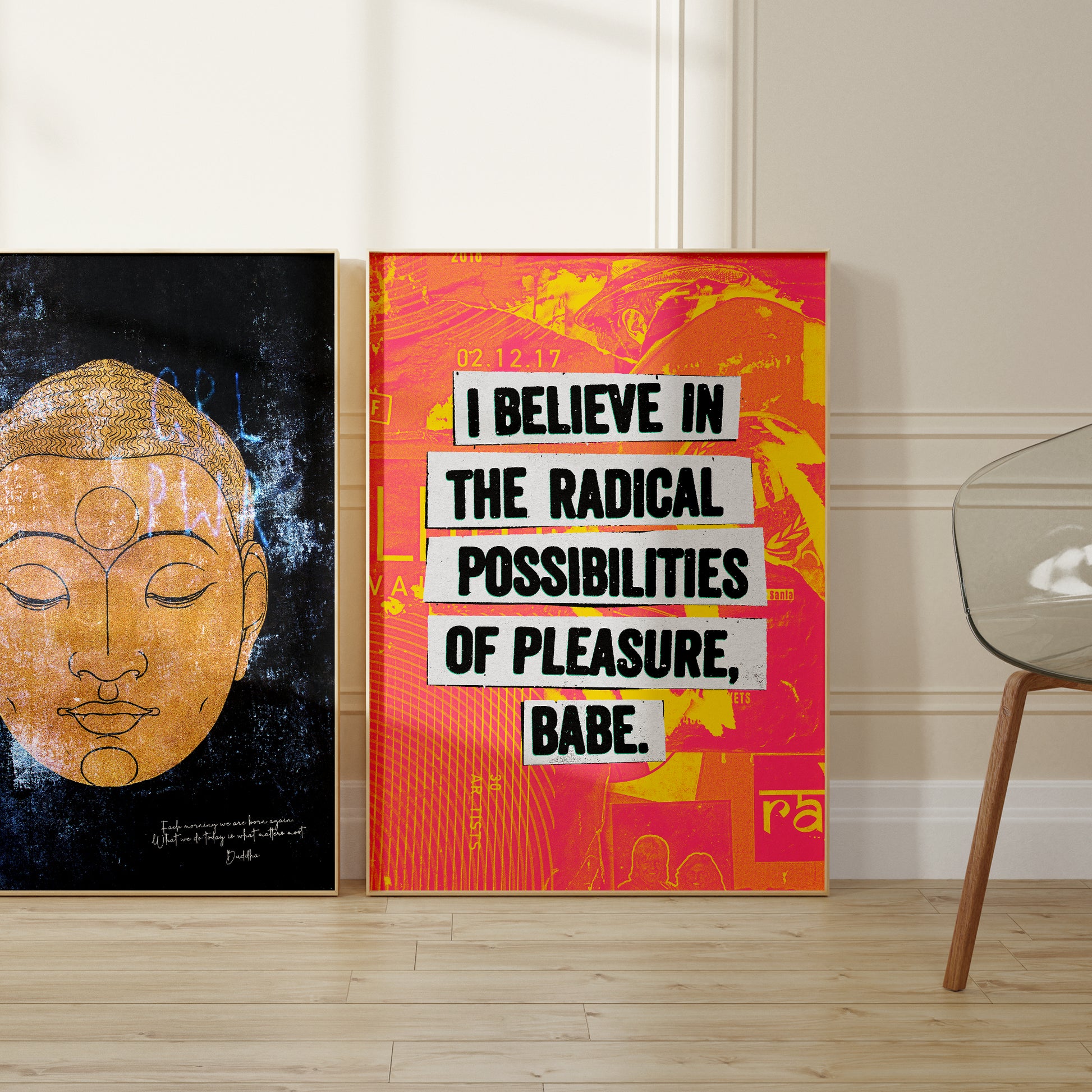 Radical Pleasure Art Print paired with the Golden Buddha Head print in a stylish gallery wall arrangement. The bold typography and neon accents of the Radical Pleasure piece contrast strikingly with the serene golden tones and intricate details of the Buddha Head artwork, creating a dynamic blend of edgy urban energy and timeless tranquility.