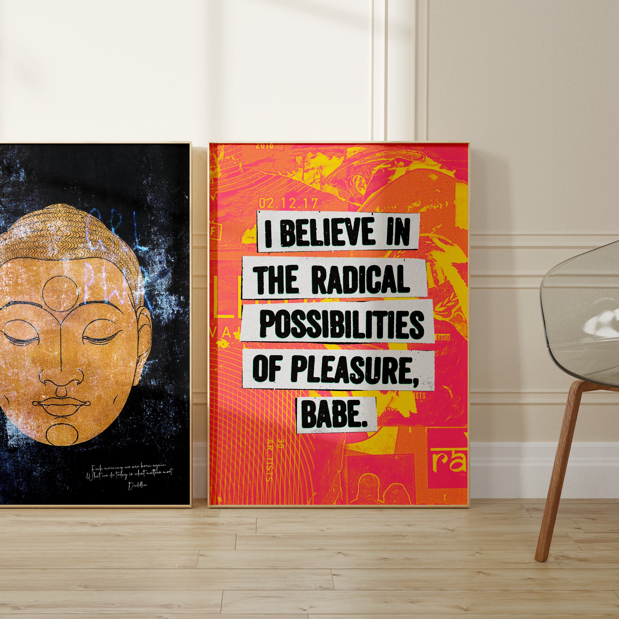 Radical Pleasure Art Print paired with the Golden Buddha Head print in a stylish gallery wall arrangement. The bold typography and neon accents of the Radical Pleasure piece contrast strikingly with the serene golden tones and intricate details of the Buddha Head artwork, creating a dynamic blend of edgy urban energy and timeless tranquility.