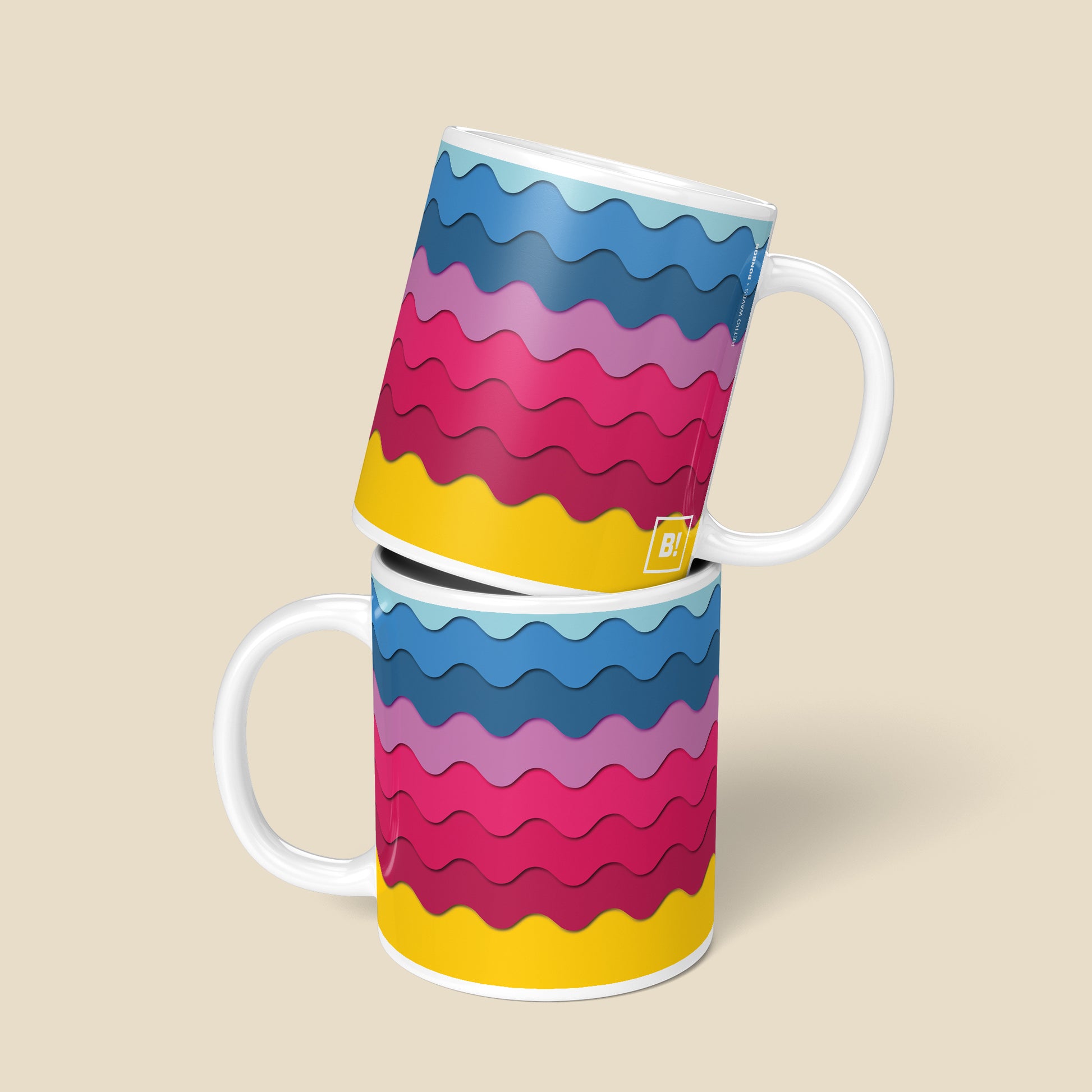 Be inspired by our "Retro Waves" Bonbon Coffee Mug. Featuring a front and back view of the 11oz mug.
