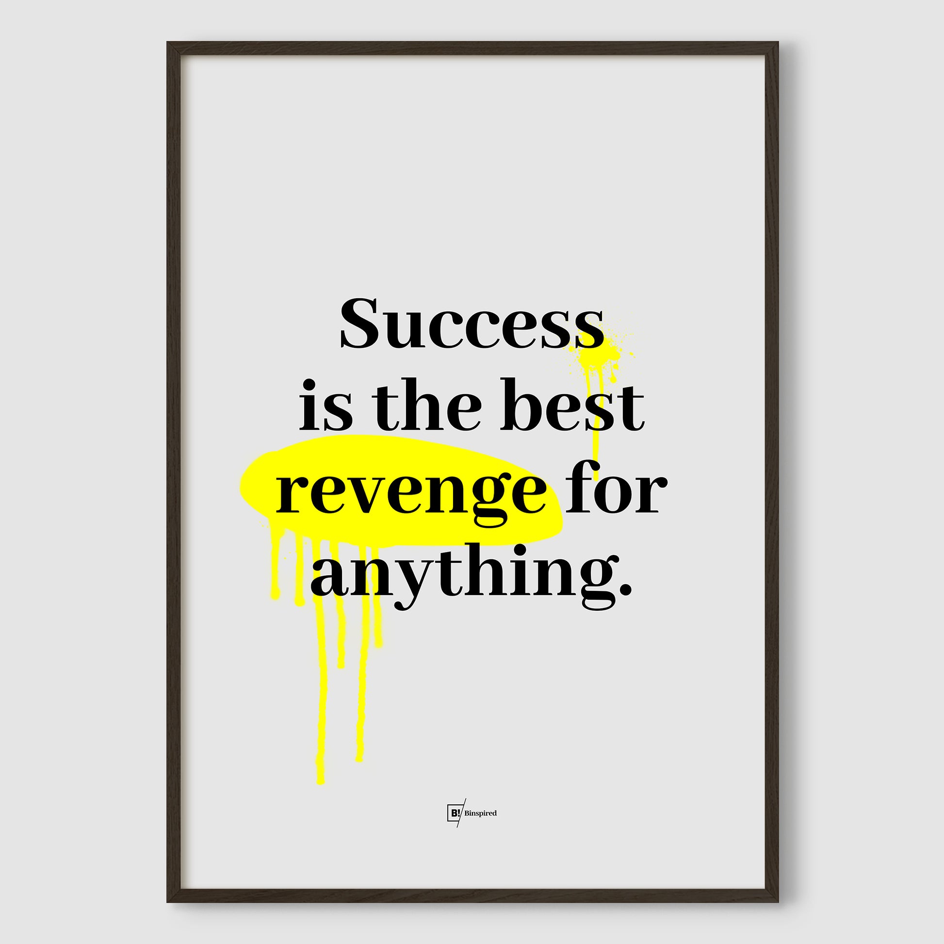 Success Is the Best Revenge for Anything minimalist art print framed in a sleek black premium wood frame, featuring bold black typography and yellow graffiti splatter on a gray background.