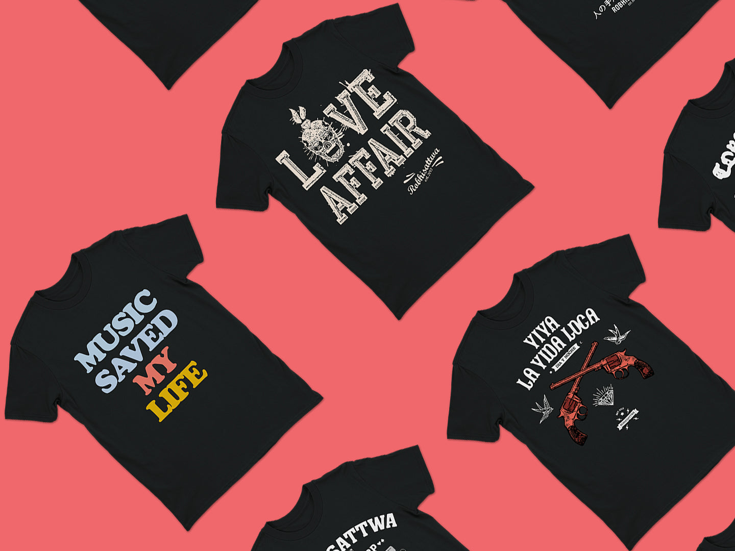 A collection of black unisex t-shirts featuring bold and creative designs, including text such as 'Music Saved My Life,' 'Love Affair,' and 'Viva La Vida Loca,' set against a vibrant pinkish-red background.