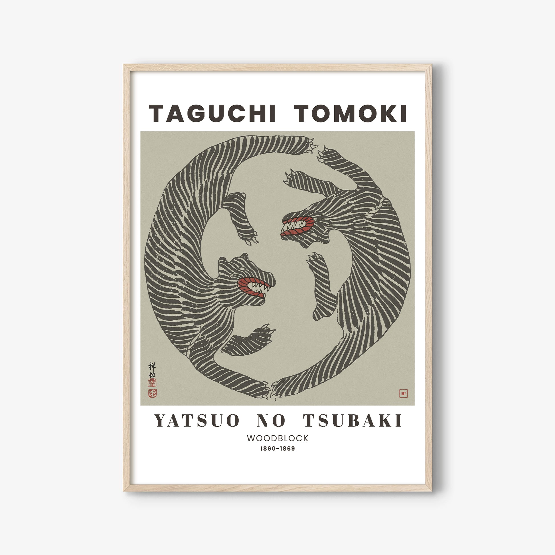 Be inspired by our remastered Taguchi Tomoki Woodblock Tigers Sage Green exhibition art print. This artwork was printed using the giclée process on archival acid-free paper and is presented in an light oak frame that captures its timeless beauty in every detail.