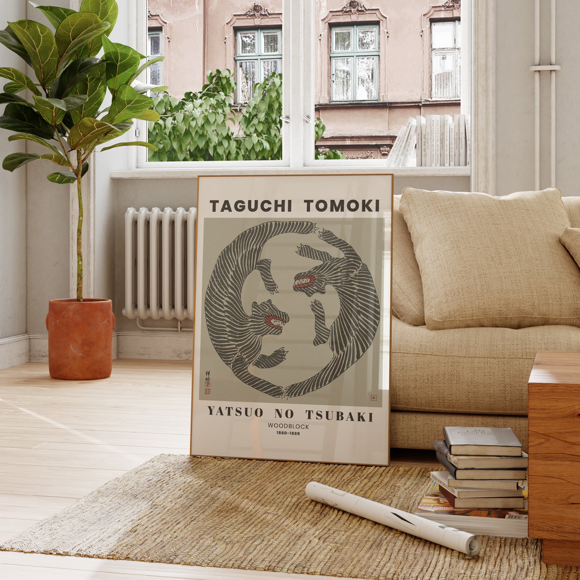 Be inspired by our remastered Taguchi Tomoki Woodblock Tigers Sage Green exhibition art print. This artwork was printed using the giclée process on archival acid-free paper and is presented in a french living room that captures its timeless beauty in every detail.