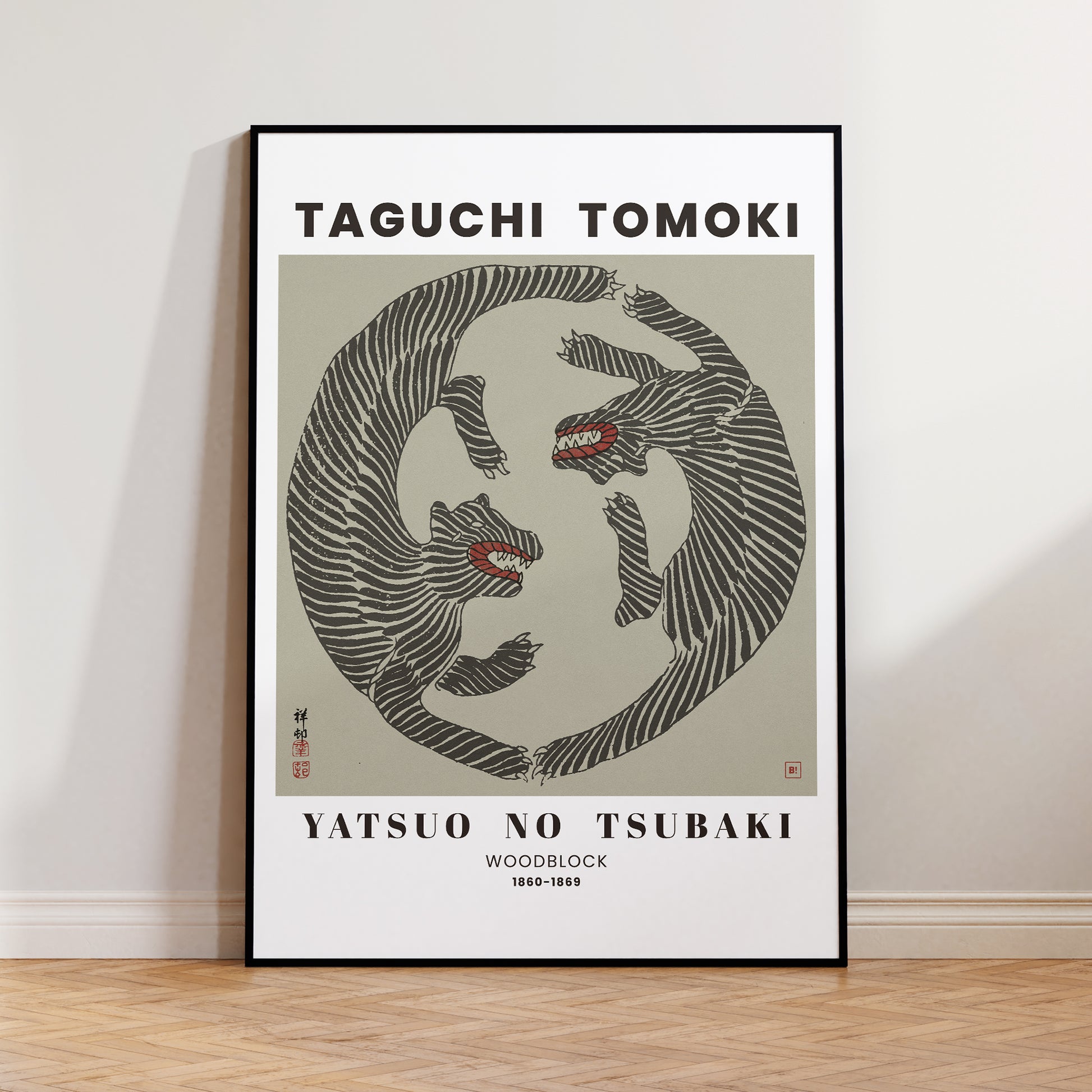Be inspired by our remastered Taguchi Tomoki Woodblock Tigers Sage Green exhibition art print. This artwork was printed using the giclée process on archival acid-free paper and is presented in a modern black frame that captures its timeless beauty in every detail.