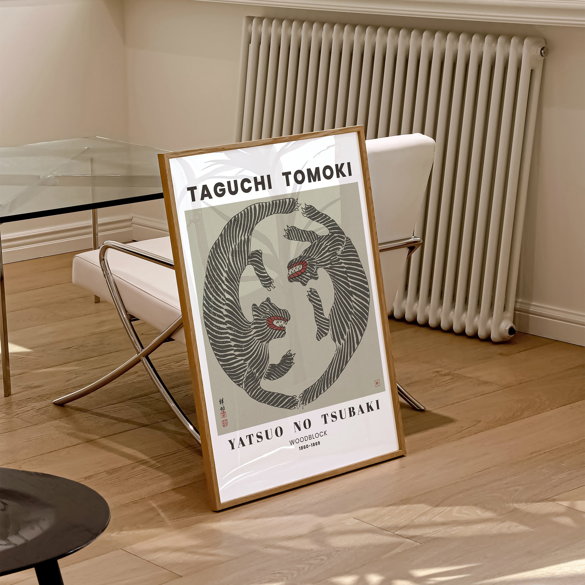 Be inspired by our remastered Taguchi Tomoki Woodblock Tigers Sage Green exhibition art print. This artwork was printed using the giclée process on archival acid-free paper and is presented in a natural oak frame that captures its timeless beauty in every detail.