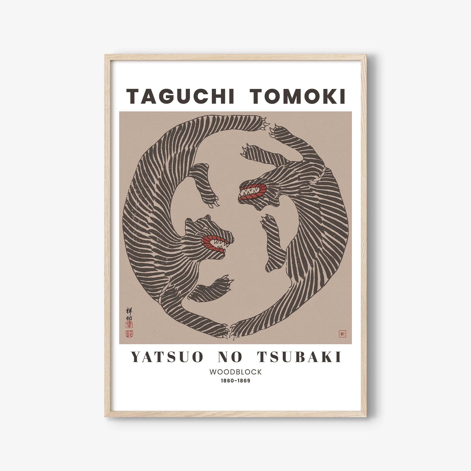 Be inspired by our remastered Taguchi Tomoki Woodblock Tigers Terracotta exhibition art print. This artwork was printed using the giclée process on archival acid-free paper and is presented in an light oak frame that captures its timeless beauty in every detail.