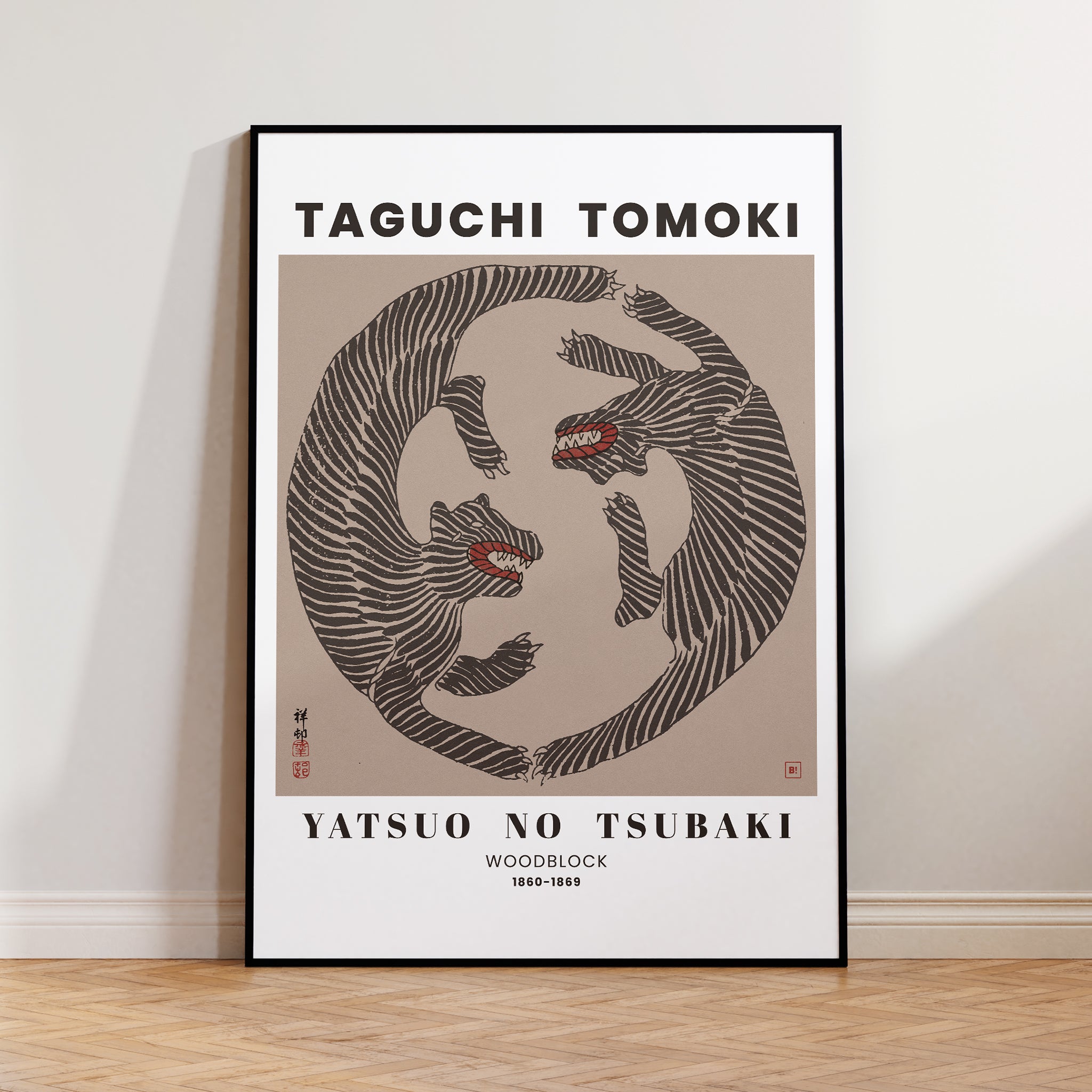 Be inspired by our remastered Taguchi Tomoki Woodblock Tigers Terracotta exhibition art print. This artwork was printed using the giclée process on archival acid-free paper and is presented in a modern black frame that captures its timeless beauty in every detail.