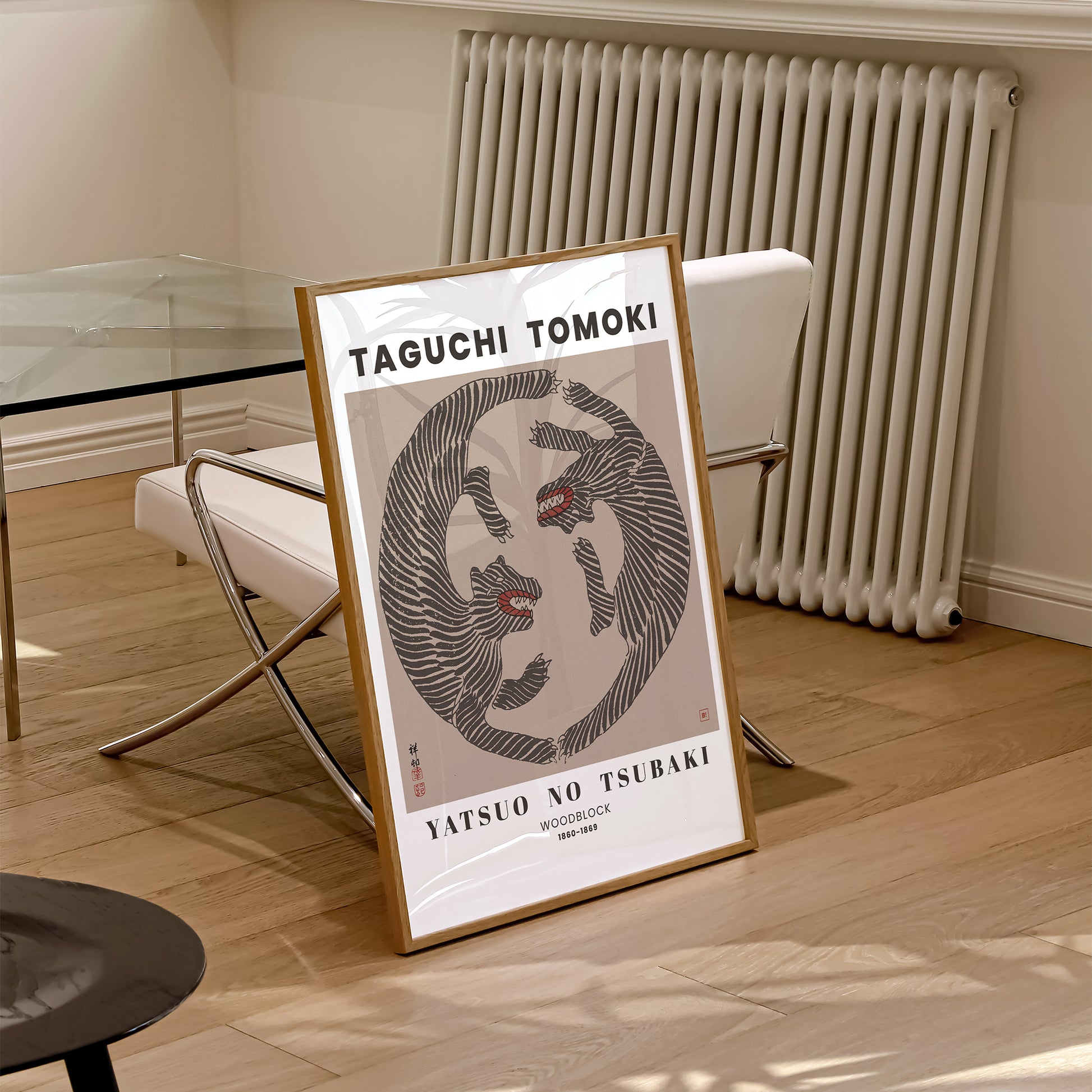 Be inspired by our remastered Taguchi Tomoki Woodblock Tigers Terracotta exhibition art print. This artwork was printed using the giclée process on archival acid-free paper and is presented in a natural oak frame that captures its timeless beauty in every detail.