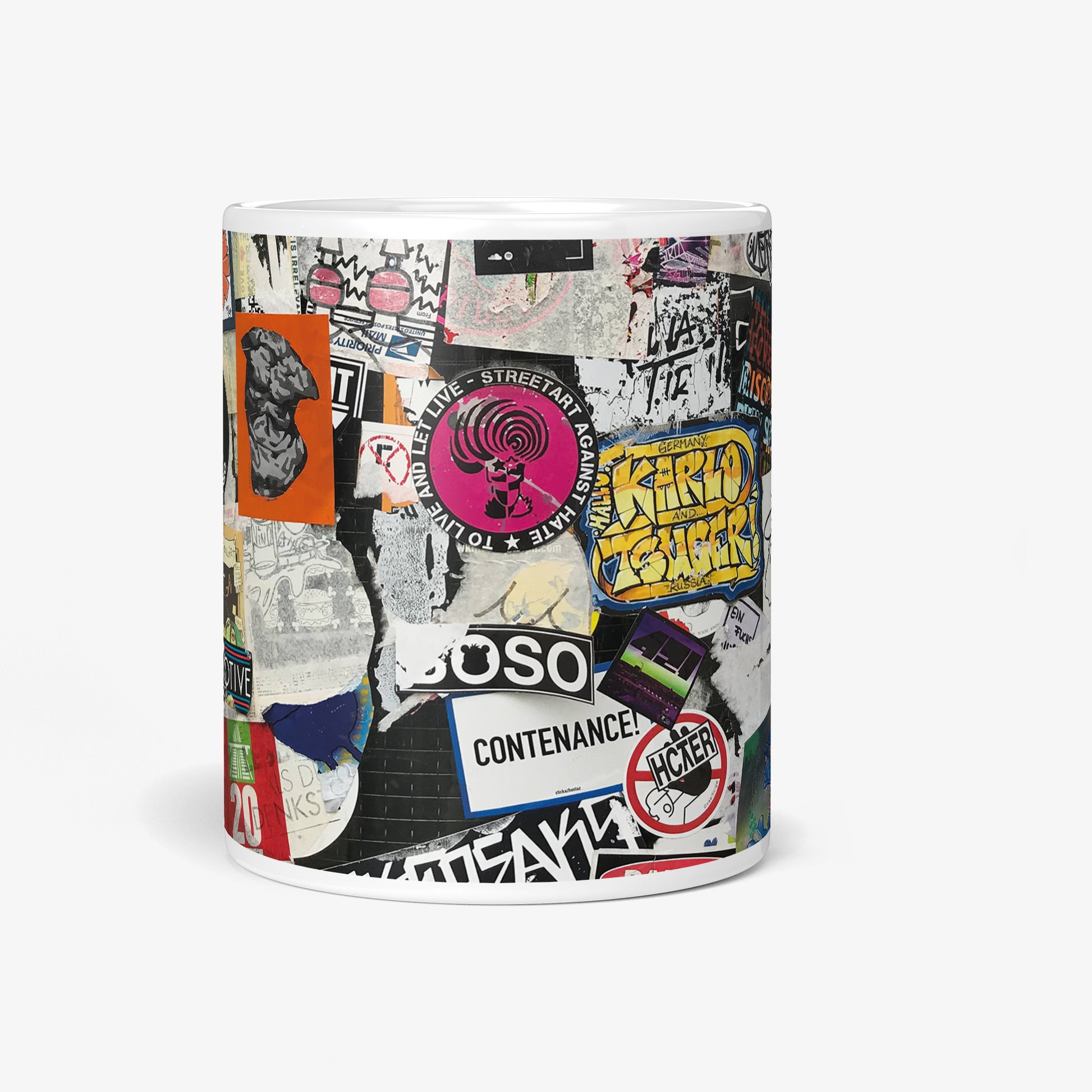 Be inspired by our Urban Art Coffee Mug – To Live And Let Live - No2 from Hamburg. Featuring a front view of the 11oz mug. The urban billboard design lends an authentic urban feel to the mug, making it resemble a piece of street art itself.