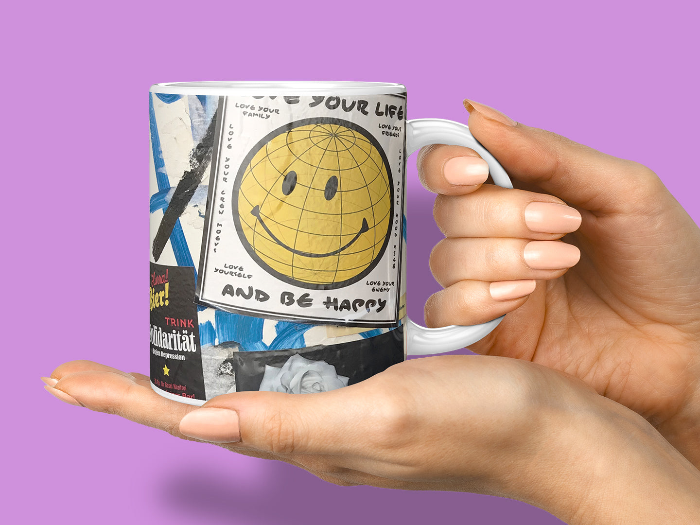 Banner showcasing BINSPIRED's Urban Art Mugs Collection: A stylish ceramic mug held in a hand, featuring bold and vibrant urban art designs, set against a striking orchid-toned background for a modern and creative vibe.