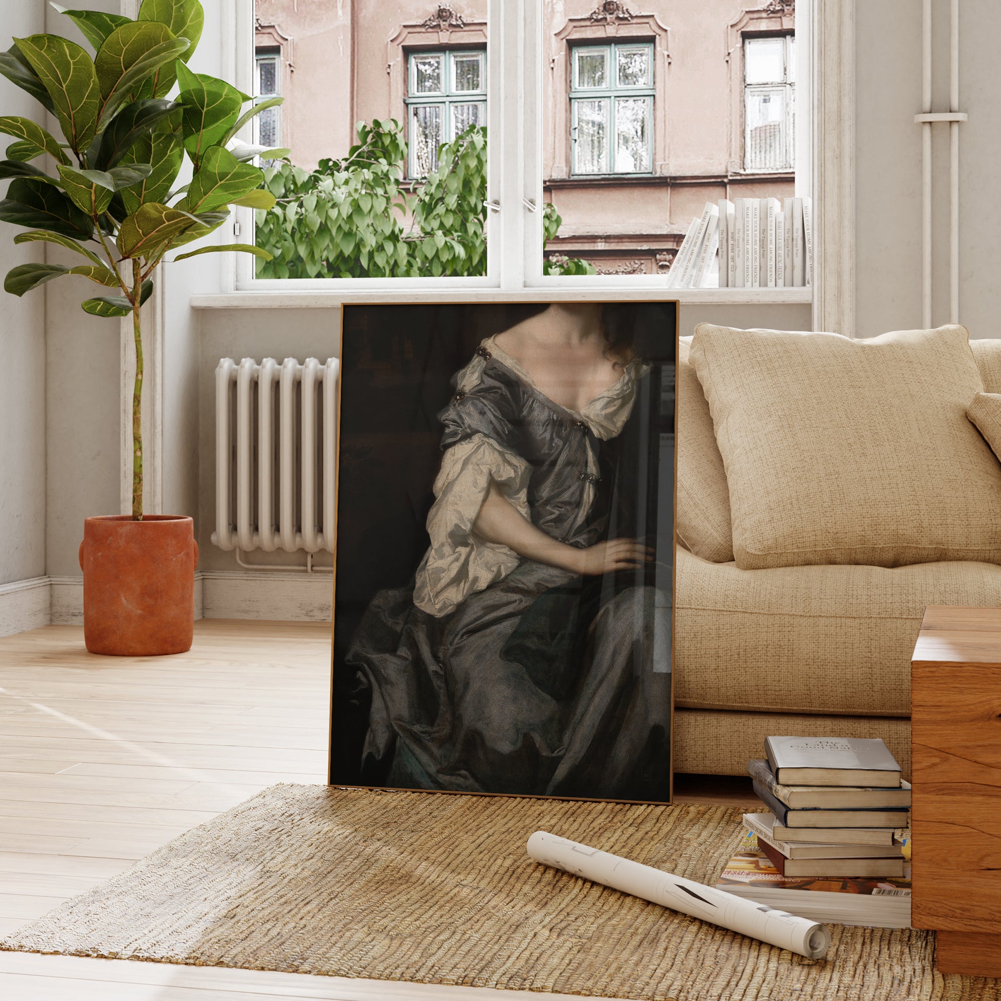 Be inspired by our altered Victorian Woman in Gray Satin Dress art print. This artwork was printed using the giclée process on archival acid-free paper and is presented in a french living room that captures its timeless beauty in every detail.