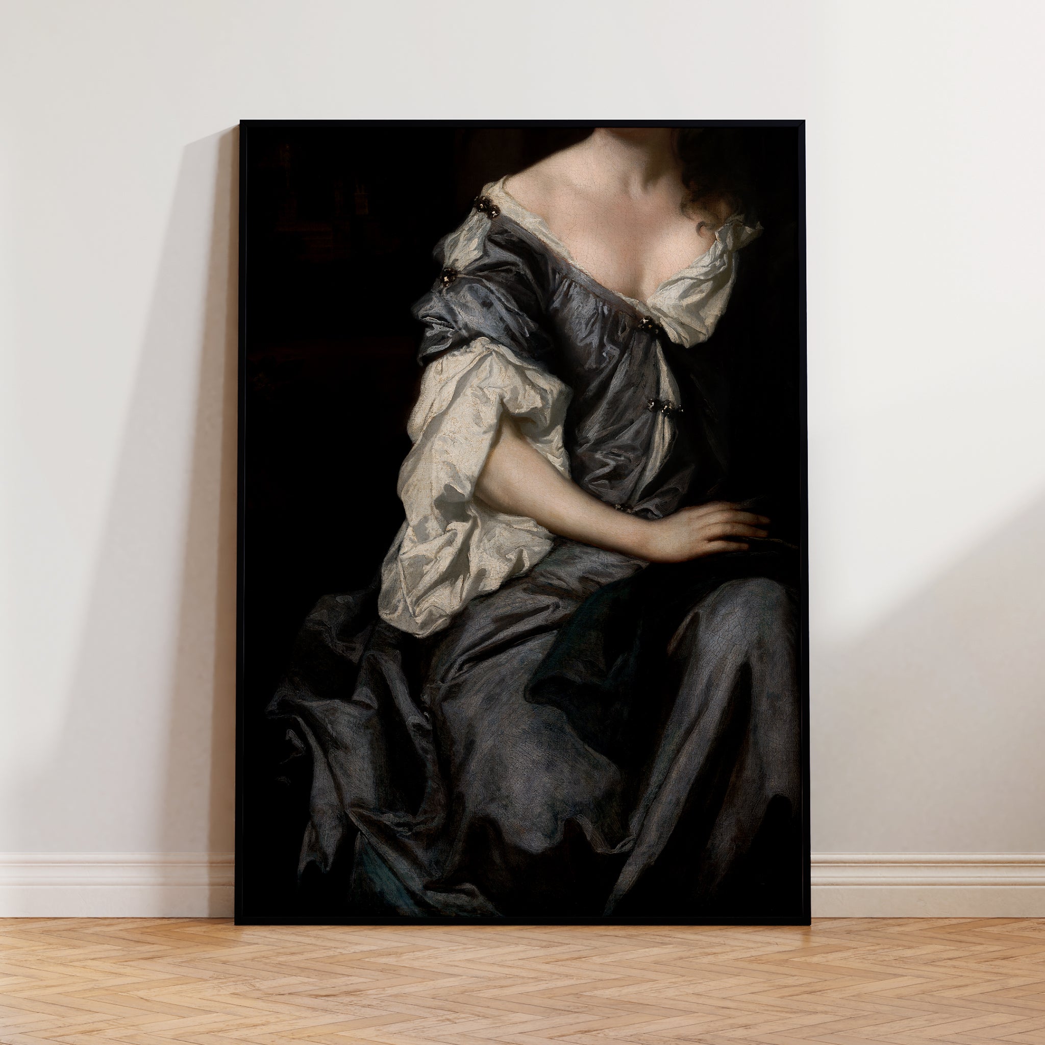 Be inspired by our altered Victorian Woman in Gray Satin Dress art print. This artwork was printed using the giclée process on archival acid-free paper and is presented in a modern black frame that captures its timeless beauty in every detail.
