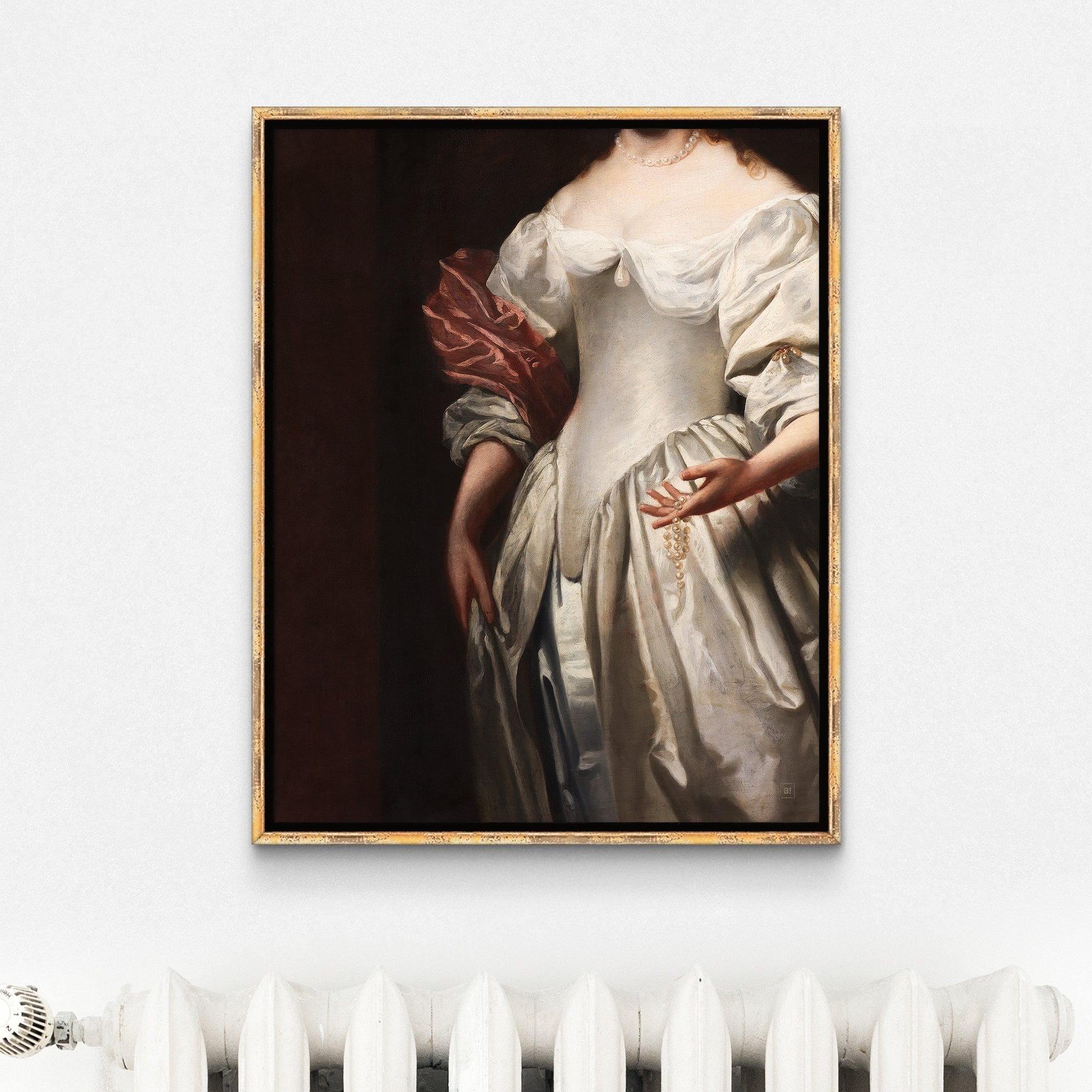 Be inspired by our altered Victorian Woman in White Satin Dress art print. This artwork was printed using the giclée process on archival acid-free paper and is presented in an antique gold frame that captures its timeless beauty in every detail.