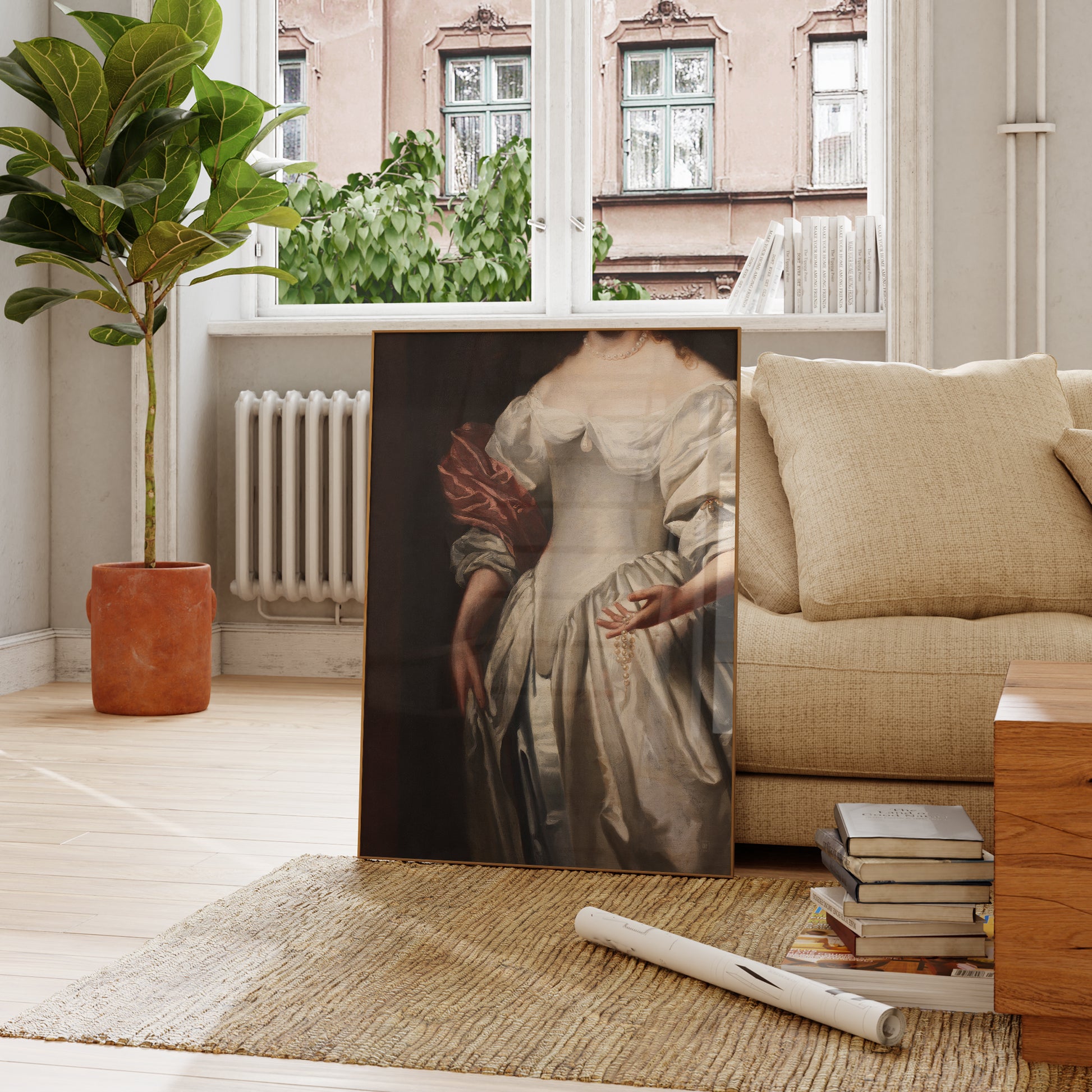 Be inspired by our altered Victorian Woman in White Satin Dress art print. This artwork was printed using the giclée process on archival acid-free paper and is presented in a french living room that captures its timeless beauty in every detail.