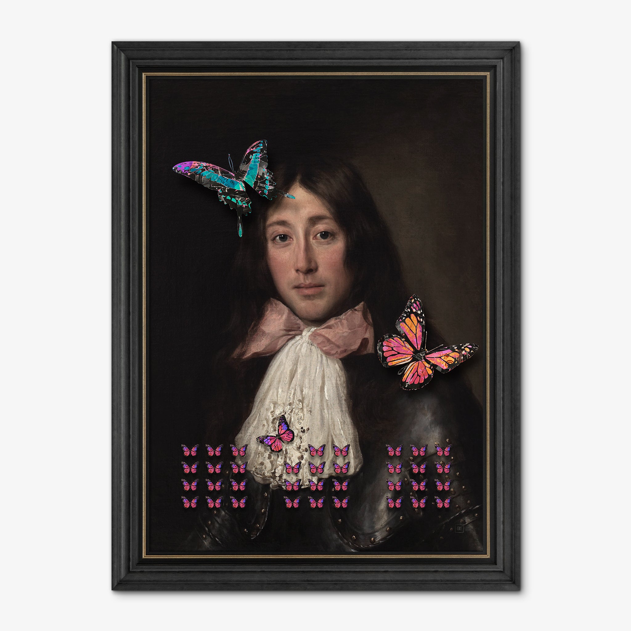 Be inspired by our altered soldier with pink tie and butterflies art print. This artwork was printed using the giclée process on archival acid-free paper and is presented in a vintage black frame with gold border that captures its timeless beauty in every detail.