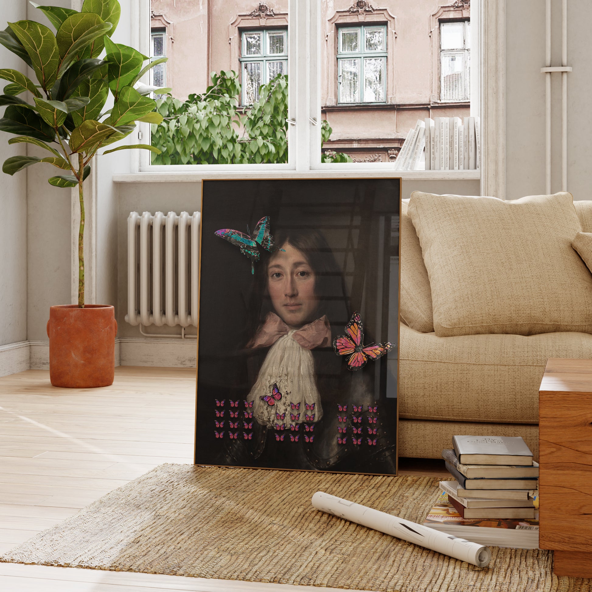 Be inspired by our altered soldier with pink tie and butterflies art print. This artwork was printed using the giclée process on archival acid-free paper and is presented in a french living room that captures its timeless beauty in every detail.