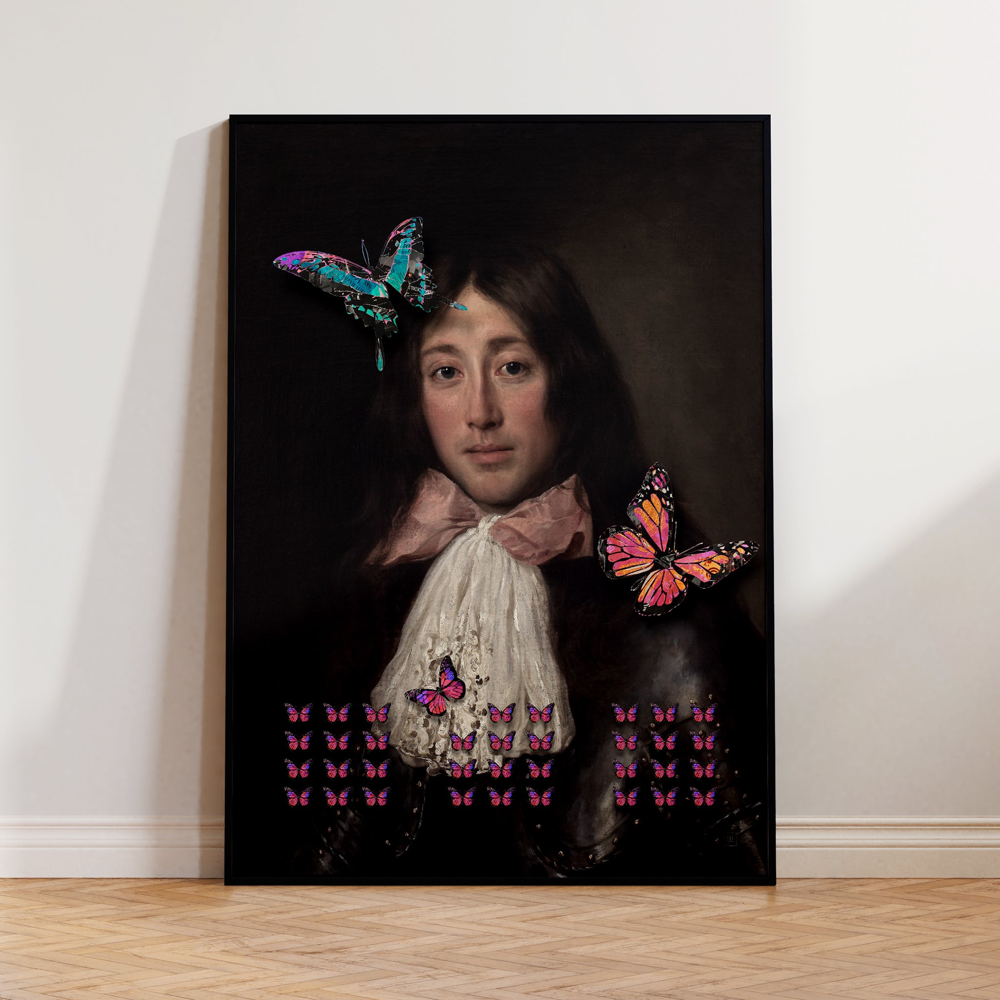 Be inspired by our altered soldier with pink tie and butterflies art print. This artwork was printed using the giclée process on archival acid-free paper and is presented in a modern black frame that captures its timeless beauty in every detail.