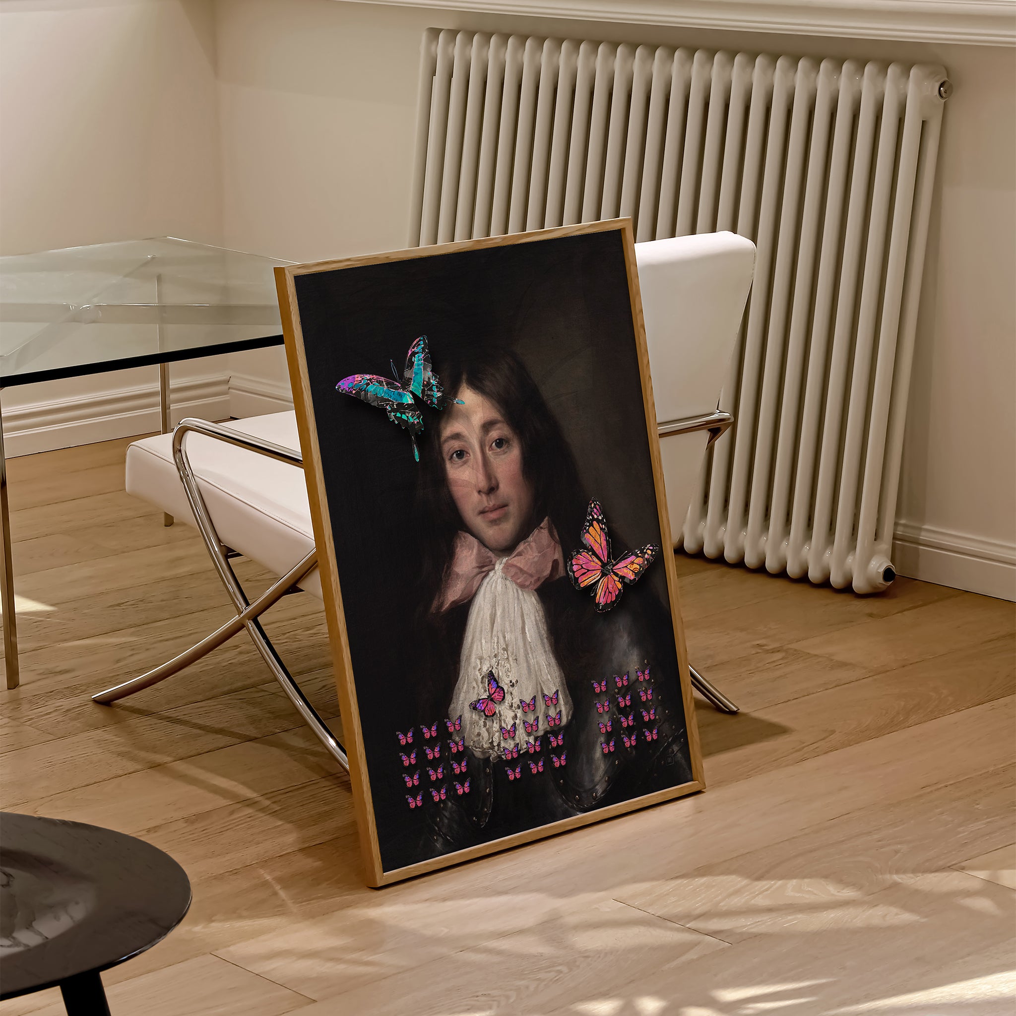 Be inspired by our altered soldier with pink tie and butterflies art print. This artwork was printed using the giclée process on archival acid-free paper and is presented in a natural oak frame that captures its timeless beauty in every detail.