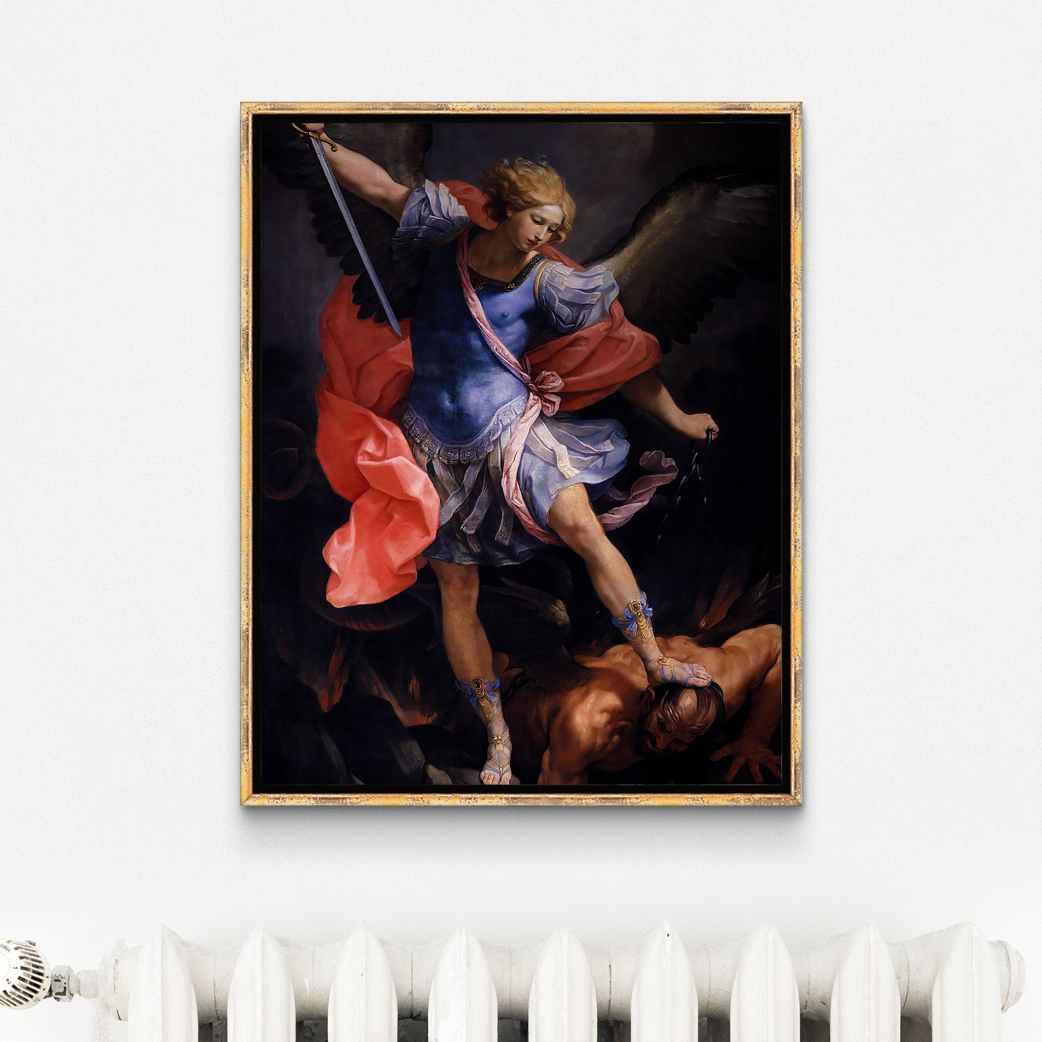 Be inspired by our classic art print Archangel Michael Defeats Satan by Guido Reni. This artwork was printed using the giclée process on archival acid-free paper and is presented in an antique golden frame that captures its timeless beauty in every detail.